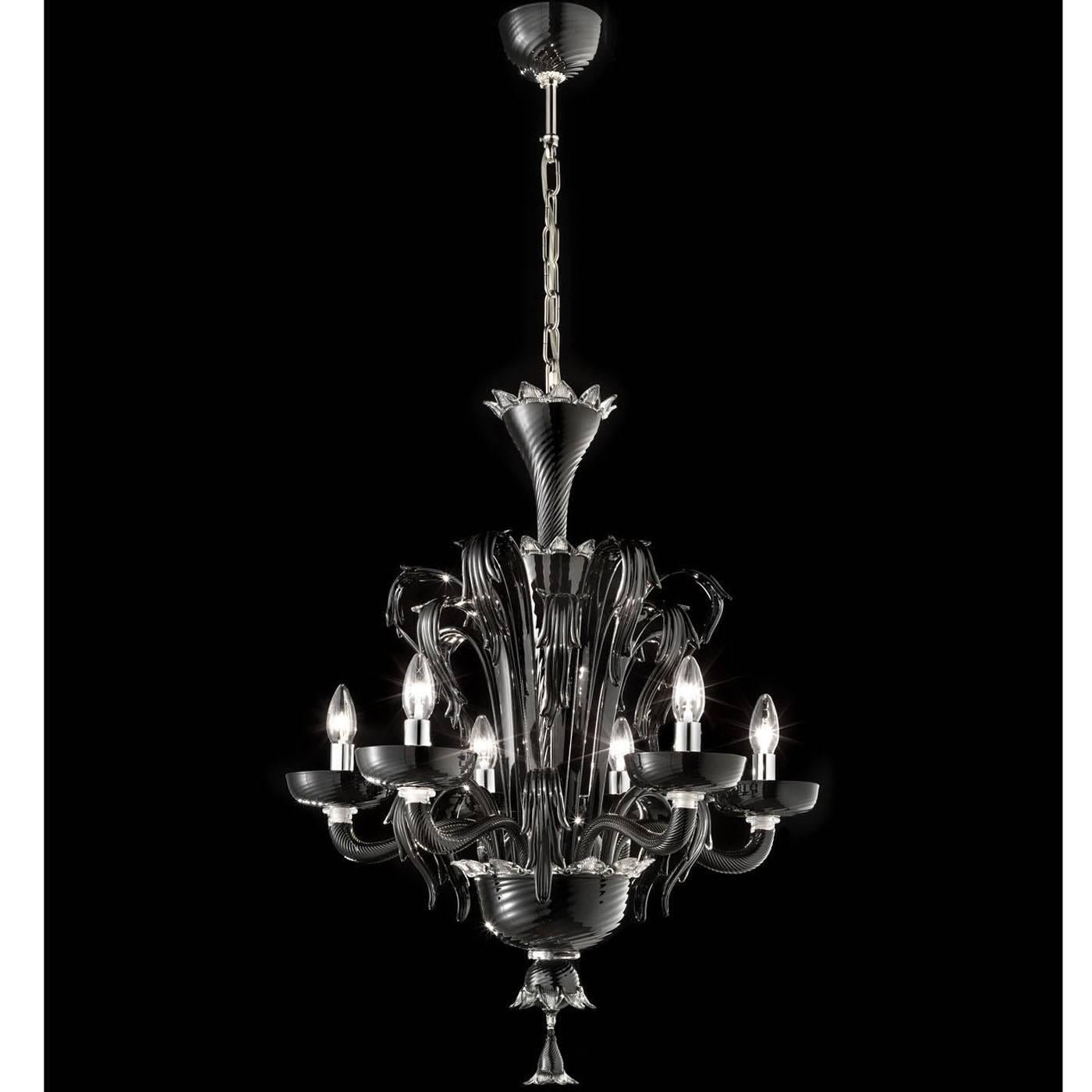 This six-light chandelier is handcrafted entirely in Murano glass in a black shade, and bares a striking and sinuous decoration on its top. Six majestic arms support the lights on its bottom. This piece has an elegant and Classic style.