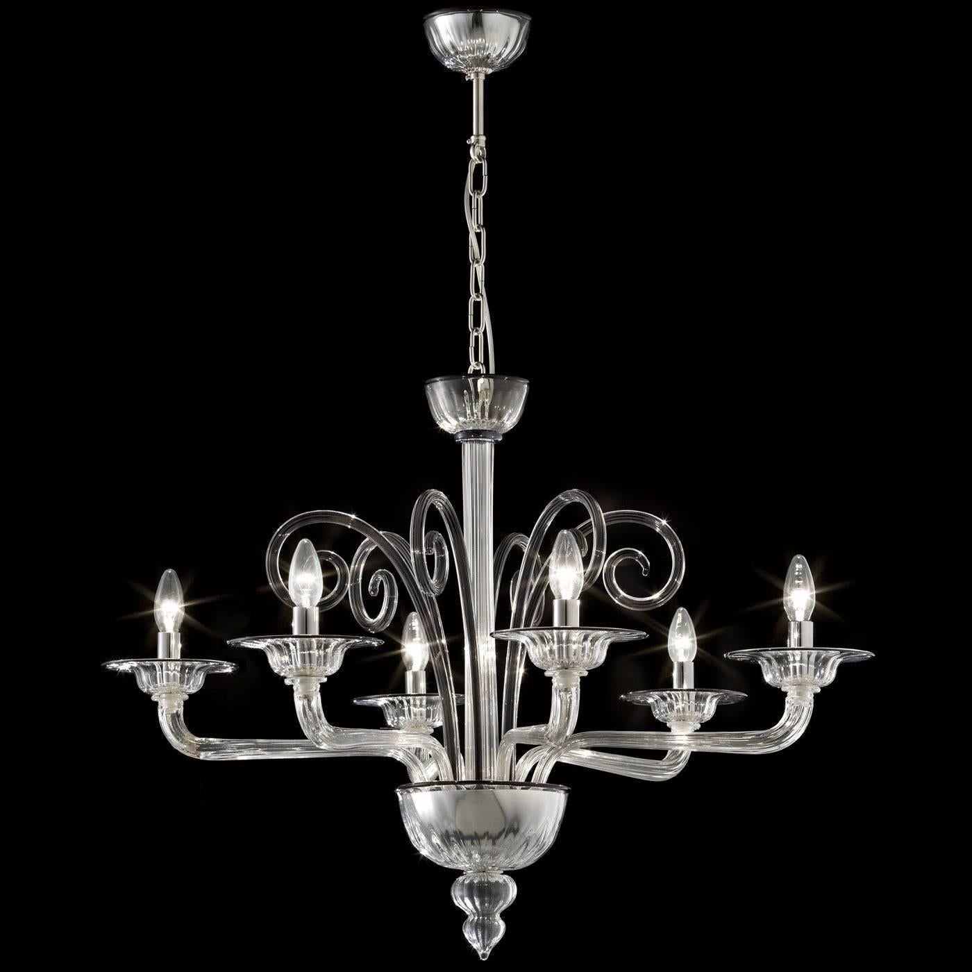 This elegant chandelier in Murano glass is entirely mouth-blown and features six elongated arms each supporting a light with a simple array of glass curls at the top.