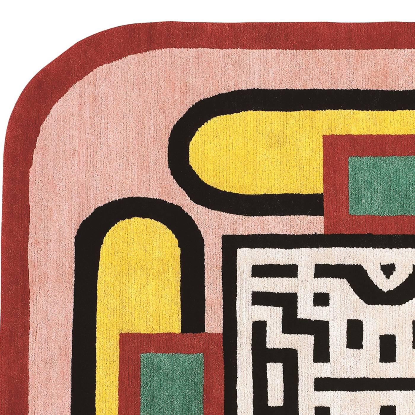 This striking square carpet designed by Nathalie du Pasquier is hand-knotted by Nepalese artisans who use the traditional Tibetan technique of knotting wool with cotton. Because of the handmade nature of this piece, part of a limited series of 36,