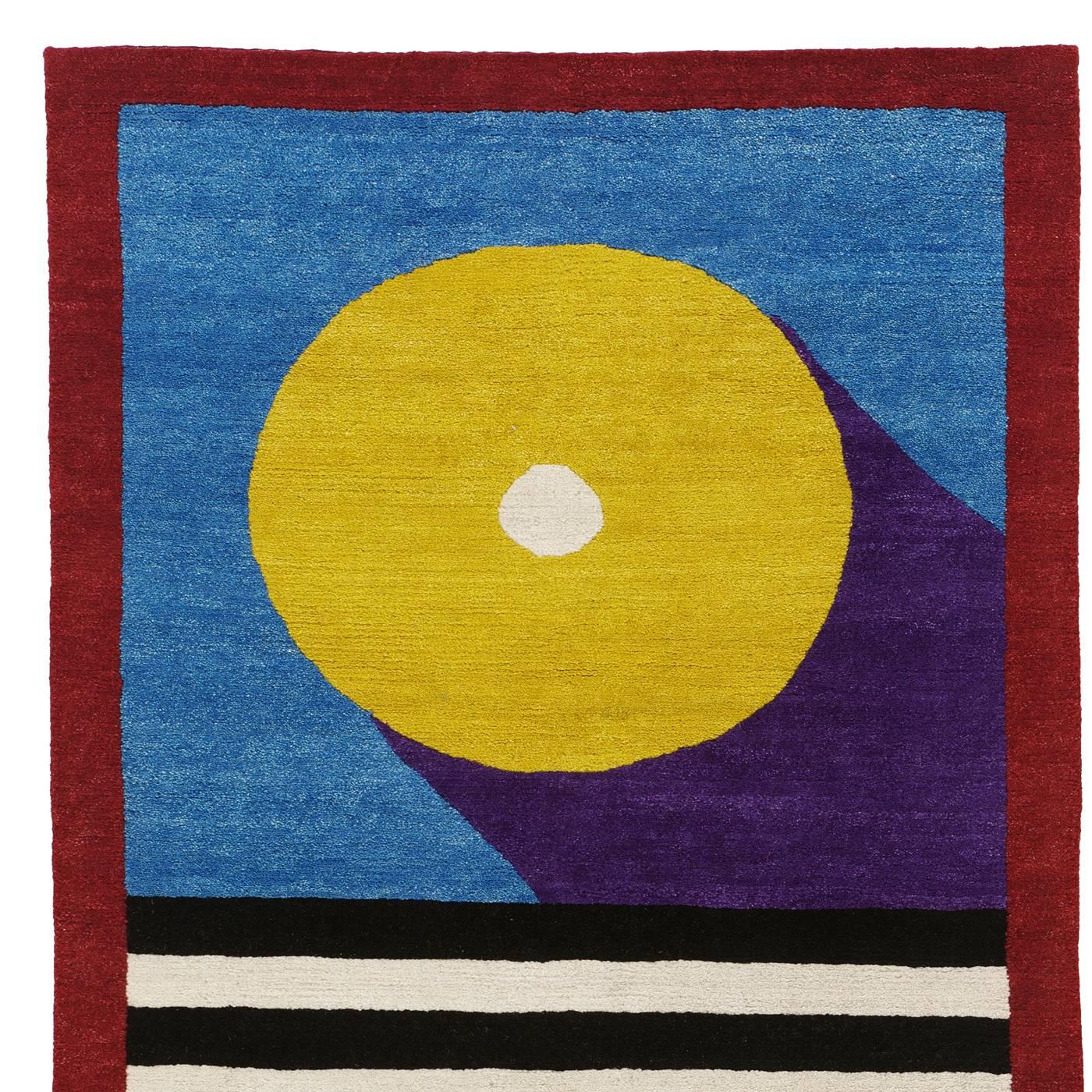 This striking carpet features bold patterns and bright, contrasting hues that make it perfect to decorate a contemporary home, adding splashes of colors to the floor. Part of a 36-piece limited series based on a design by Nathalie Du Pasquier, who