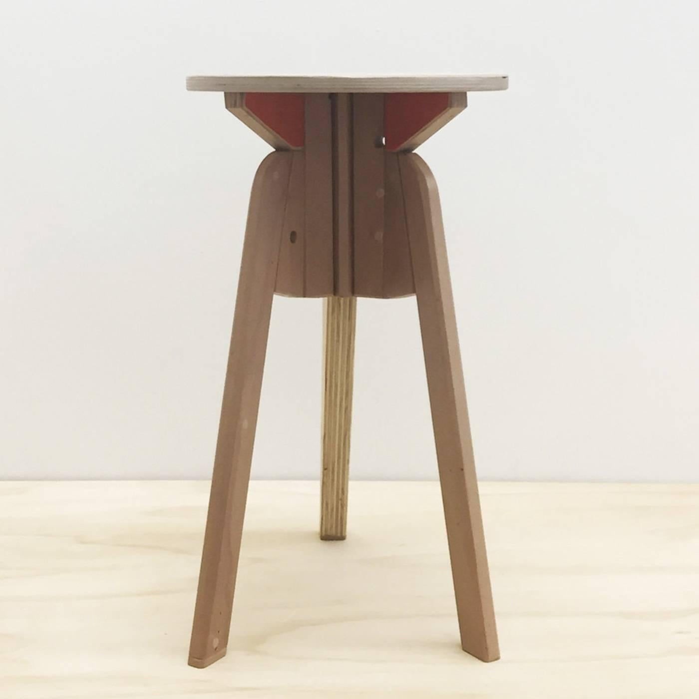 Part of the LW series, this striking stool is made in larch wood and solid wenge wood with a triangular top in multi-layer birch wood that is pierced in the centre by a triangular hole. This decoration mirrors a bottom element also in the same