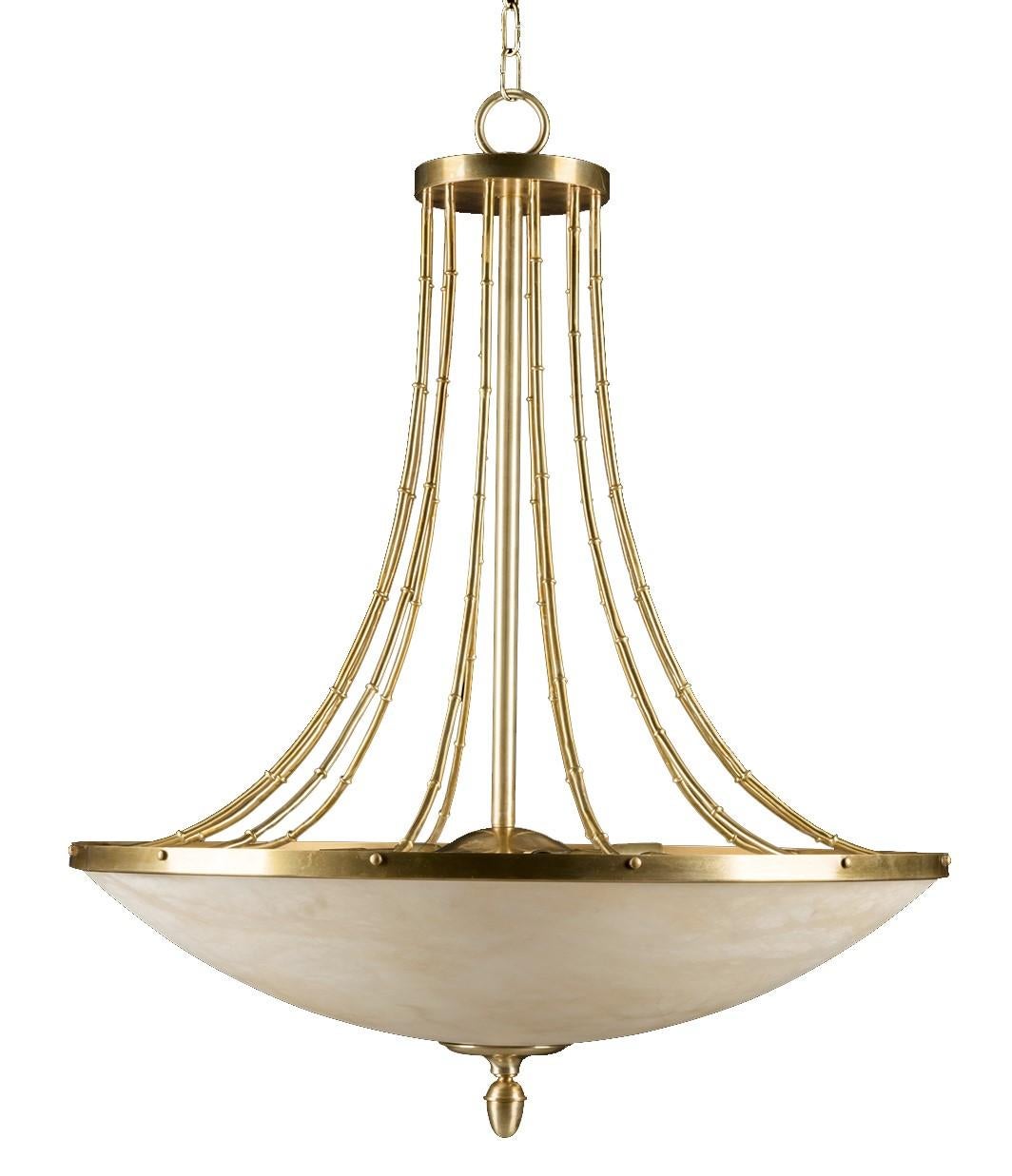 This classically-designed chandelier showcases fine craftsmanship and impeccable attention to detail. Crafted of ivory alabaster, a stately, demilune bowl fixture is outlined by a solid bronze rim and supported by flared metal rods. A delicate nob