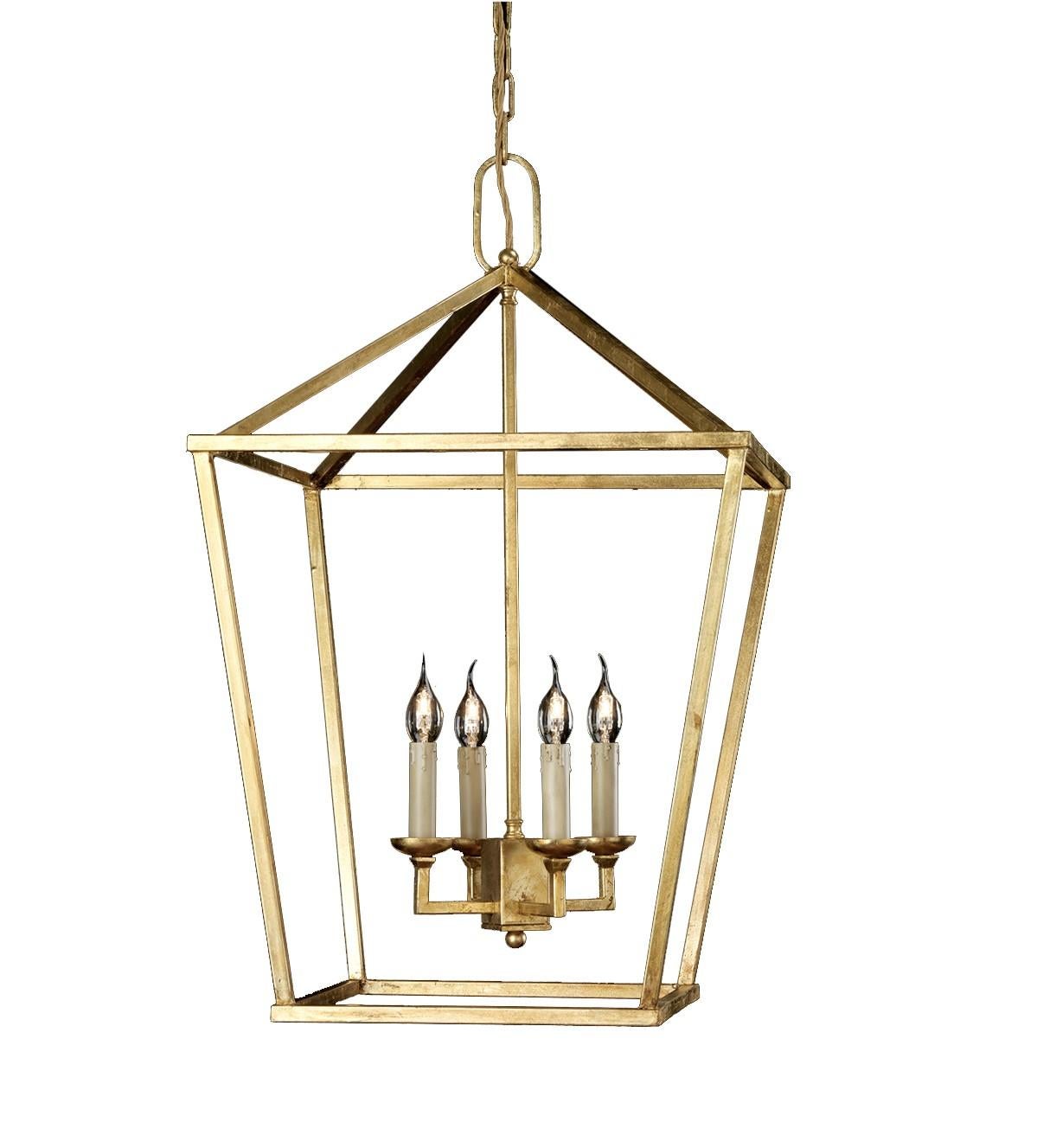 This splendid lantern is entirely made of brass with a warm gold finish. Its structure is created by joining rods at right angles to form an open, three-dimensional design that evokes the understated elegance of origami figures. Four glass lights