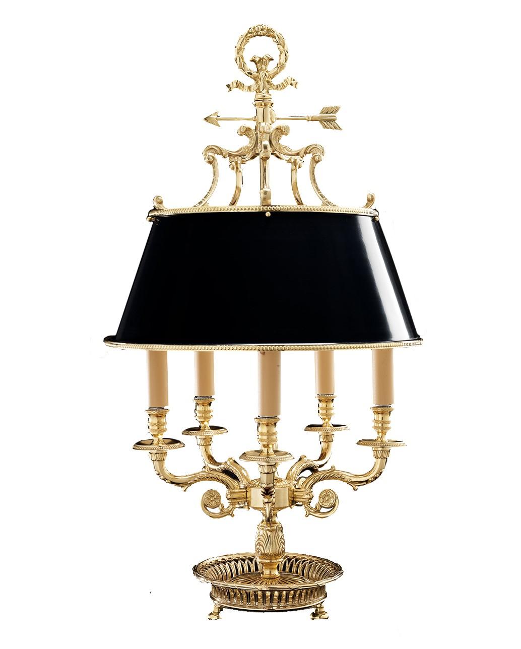 Badari lighting collections reinterpret the splendor of the past with elegance and precision. This table lamp reveals its 18th century French influence in the five-arm ornate design, crafted of bronze with French gold finish, and in the exquisite