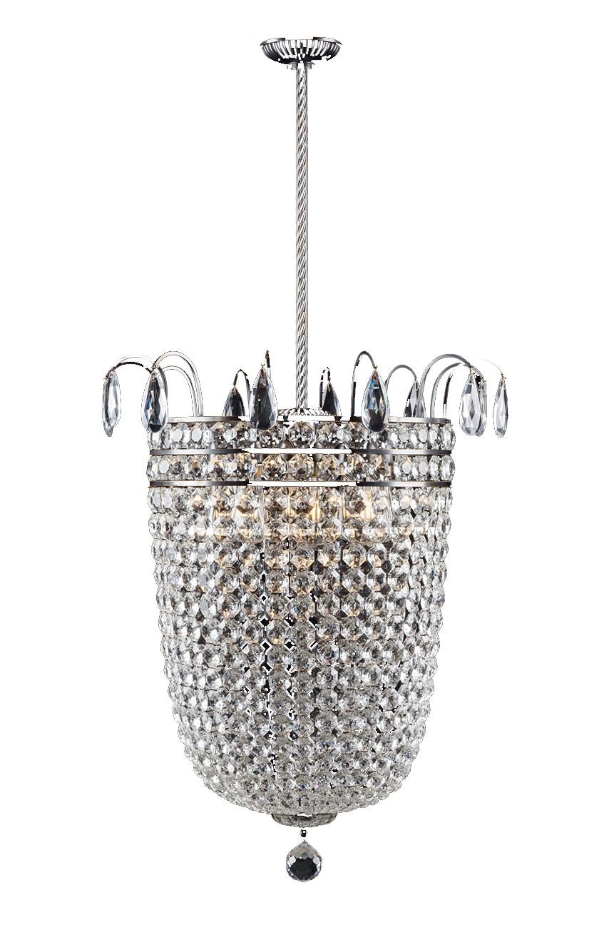 A Classic Art Deco silhouette with a modern twist, this effortless piece will cast a captivating glow in a dining room or entryway. Rows of luminous crystals handcut by expert craftsmen compose the curved, drop-pendant chandelier shape. The