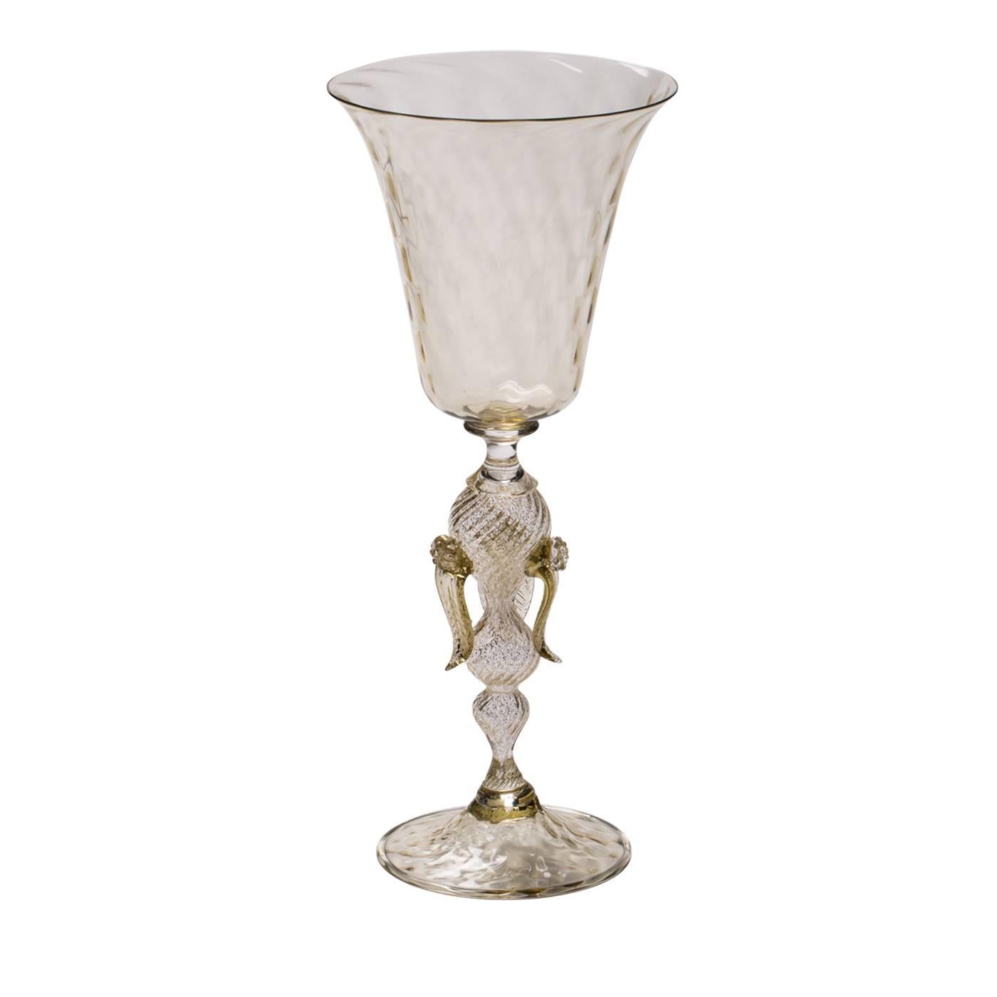Elaborate elegance abounds in this glittering set of four champagne glasses. Fabiano Amadi's eye for fresh but elegant designs and passion for glassblowing is reflected in the execution of these sophisticated Murano glass goblets. The