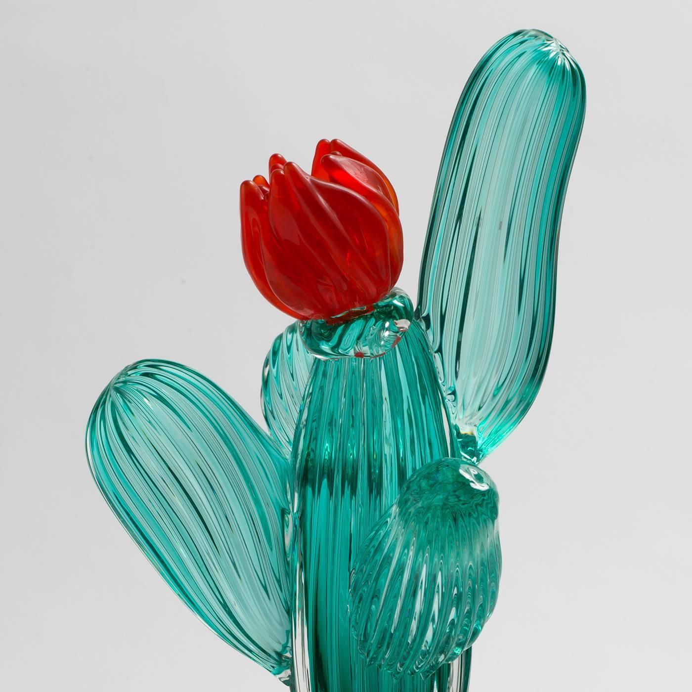 Cactus Glass Vase with Red Peony N°2 For Sale at 1stdibs