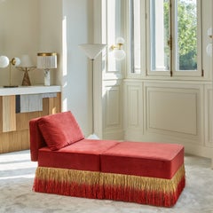 Rafia Shade 70 Square Cherry Red Velvet with Fringes Pouf