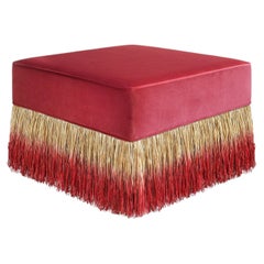 Rafia Shade 70 Square Cherry Red Velvet with Fringes Pouf