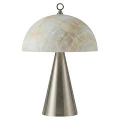 Fungotto Tischlampe aus Messing in Satin-Nickel-Optik mit Lampenschirm in Alabaster