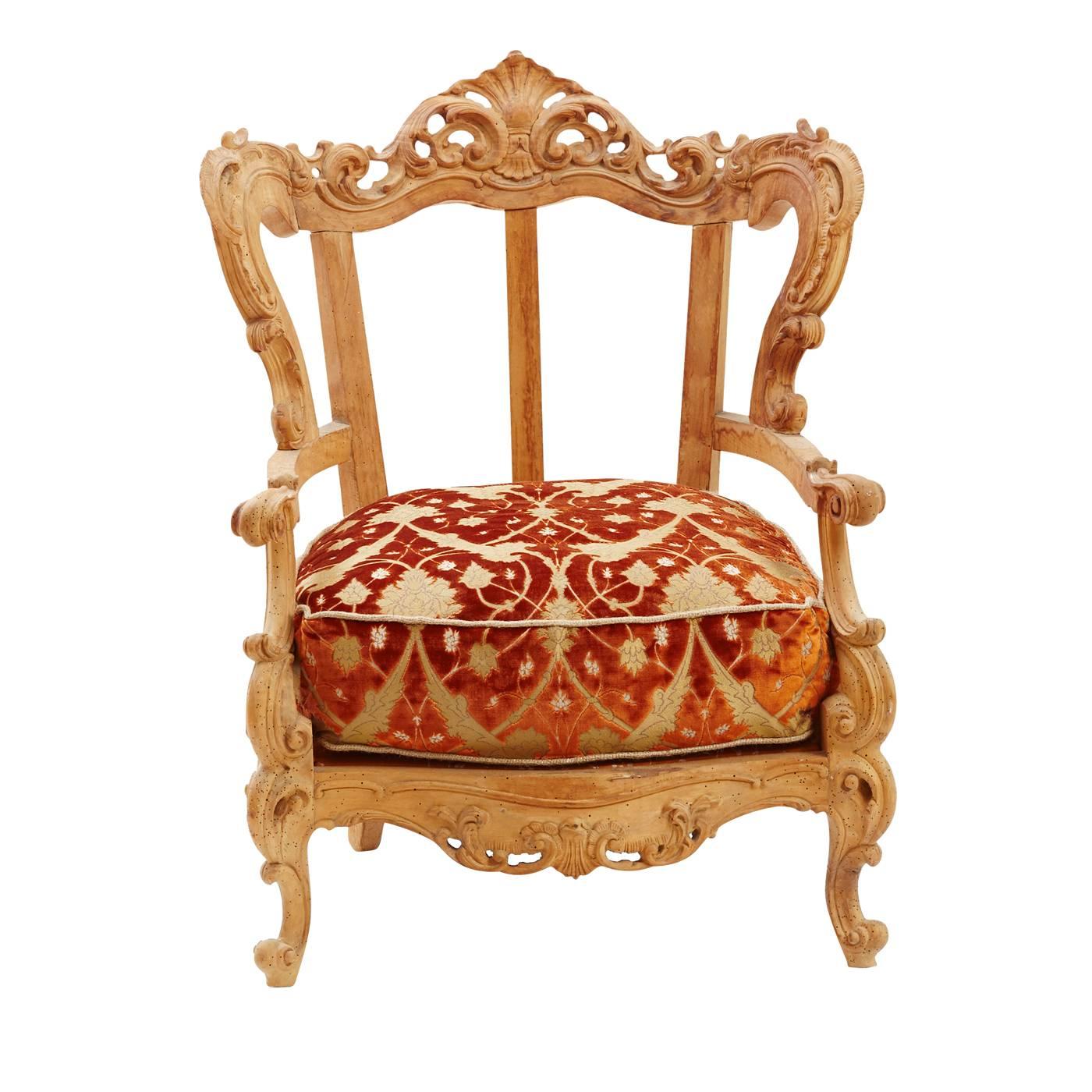 Hand-Carved Baroque Armchair In Venetian Velvet And Silk Brocade