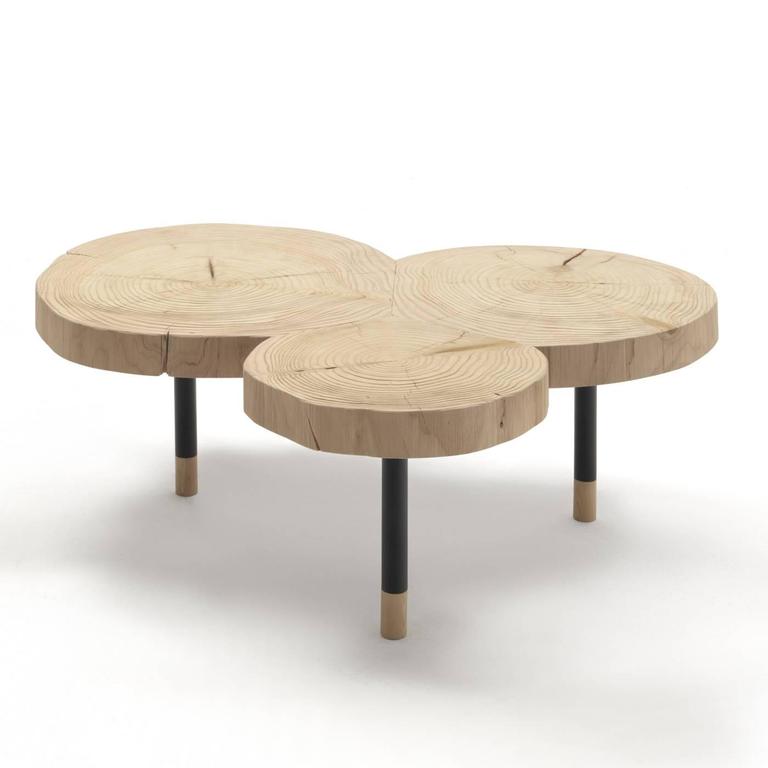 The insertion of tree logs of sandblasted solid cedar wood makes this striking coffee table the protagonist of any living space. The legs are in lacquered iron with a wooden tip.