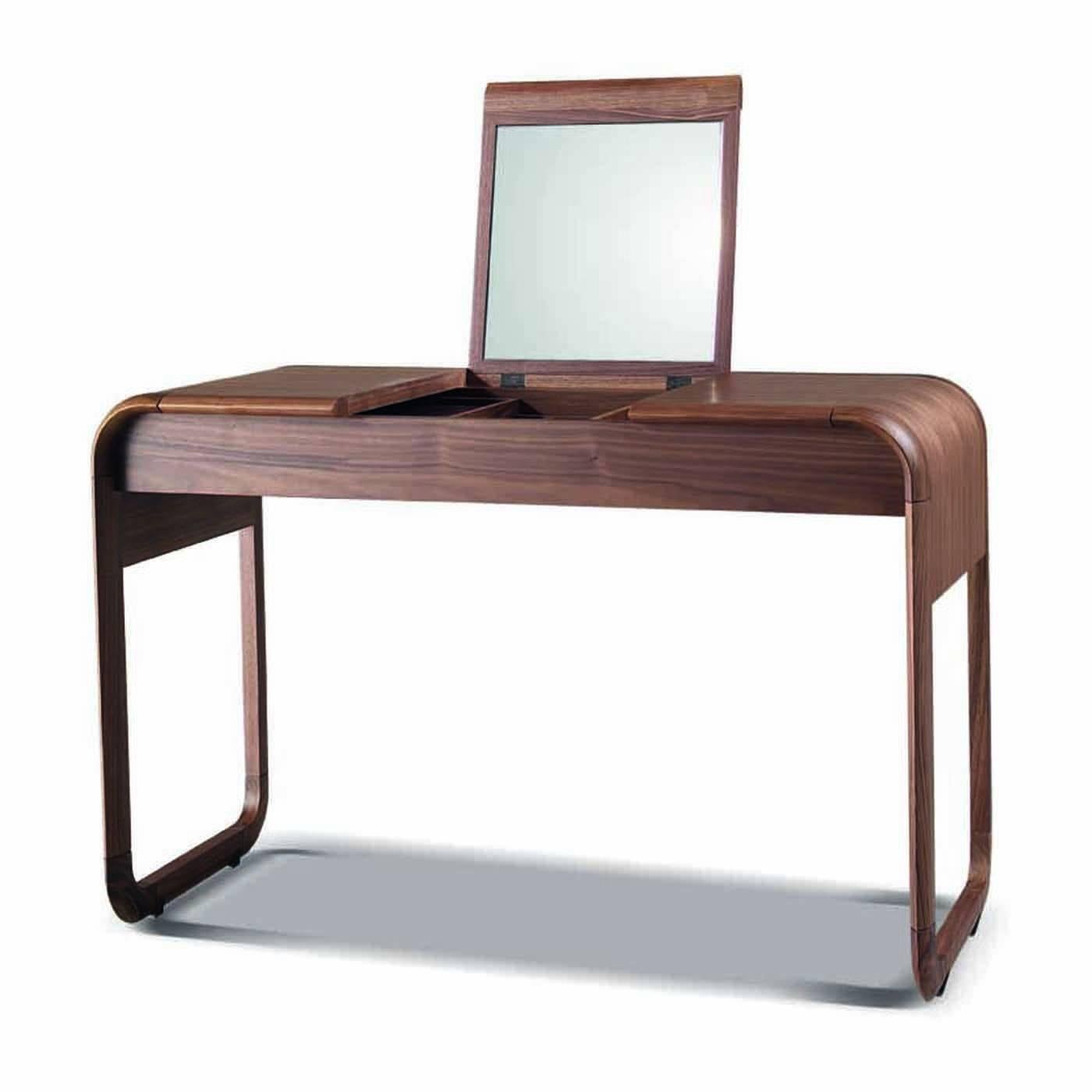This exquisite vanity table is part of the Infinity series and is made entirely in walnut wood. The top curves on both sides to create the feet supporting it, adding a gentle roundness to the clean geometry of this piece that features a drop