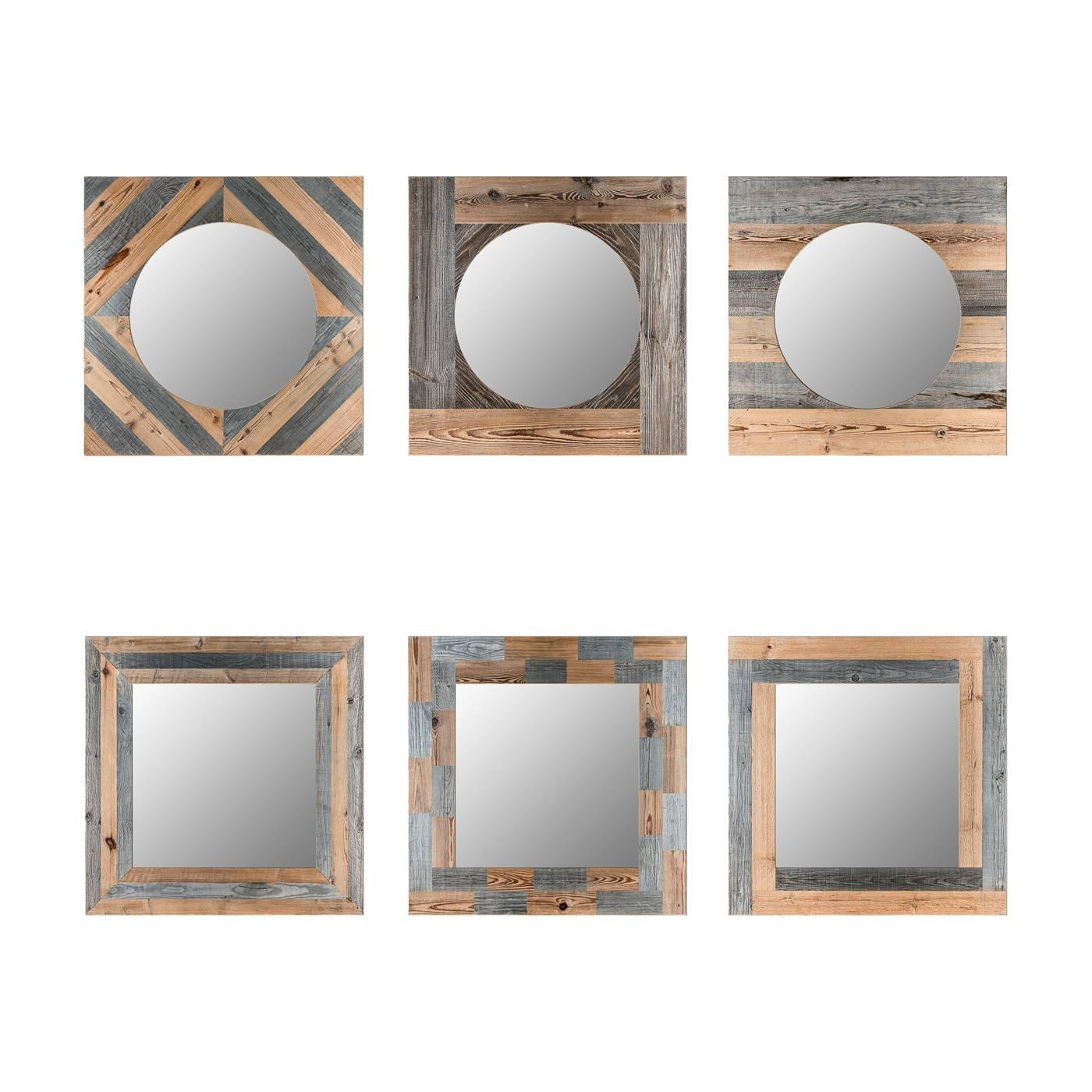 This piece of great visual impact features a square frame made of wood with a circular mirror in the centre. The striking effect evokes the image of the moon in a cloudy sky. The inlays of recovered and restored wood from the beams and planks of old