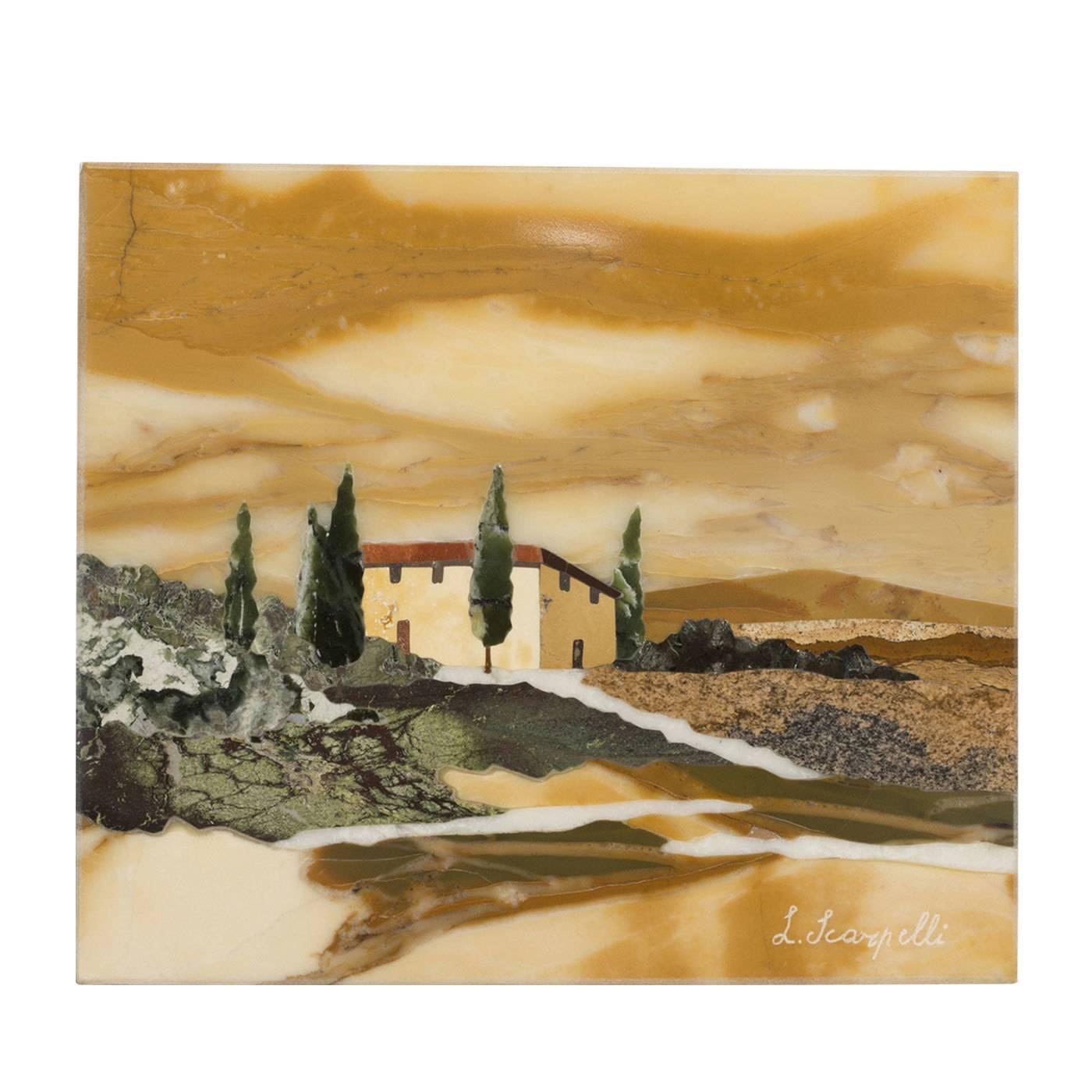 Florentine marble artists at Scarpelli were inspired by the nuanced grains of yellow Siena marble for this graceful Florentine mosaic depicting a Tuscan landscape. Scarpelli employed Renaissance techniques, different semi-precious stones, such as
