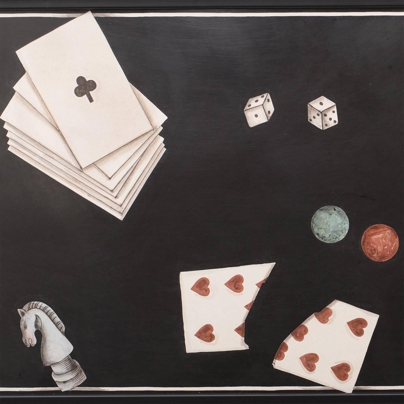 This poker inspired tableau is a unique piece entirely handcrafted by Tuscan artisan Bianco Bianchi. The black slate base is decorated with a playful, traditionally executed scagliola inlay inspired by 18th century originals.
