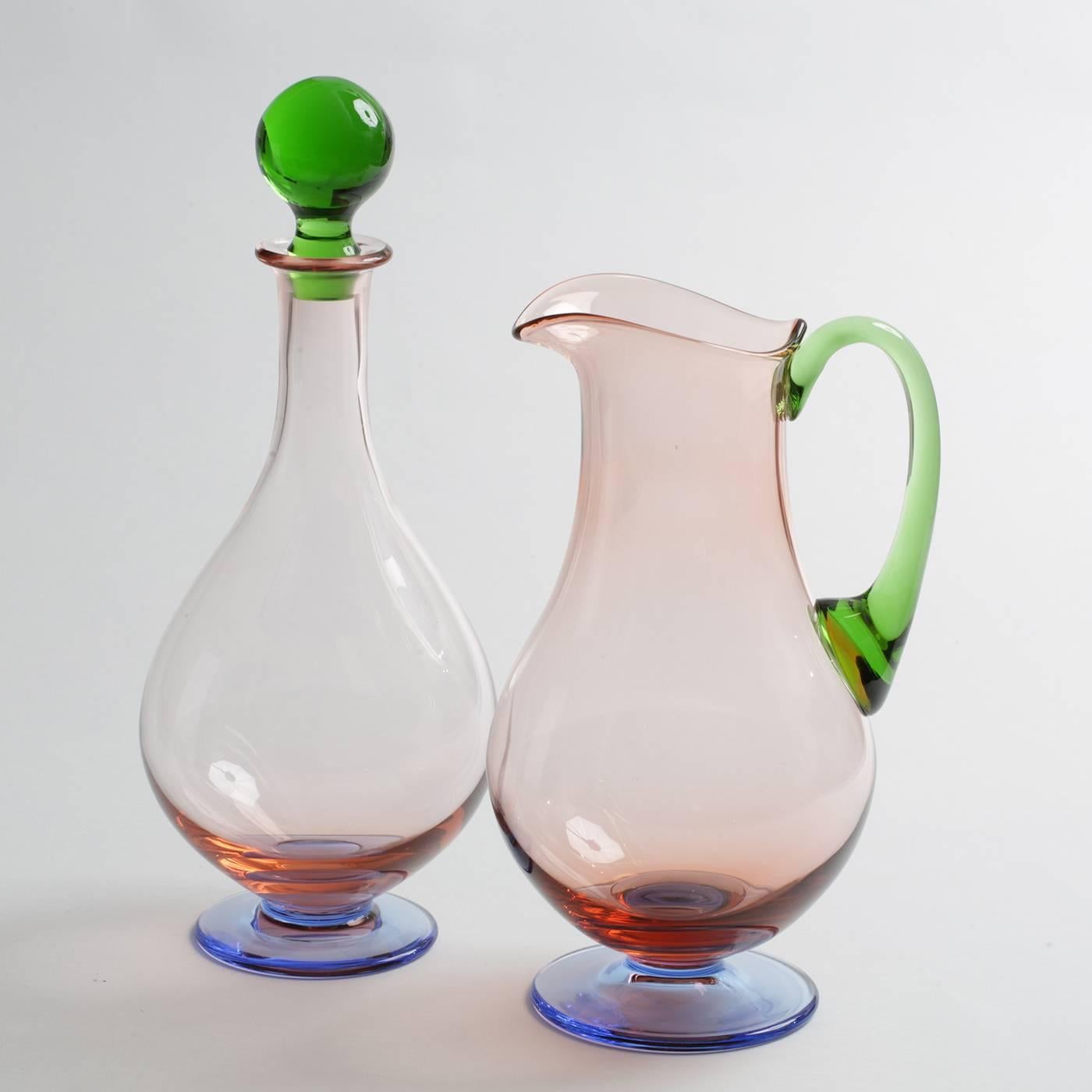 Italian Burano Set of Pitcher and Bottle and Three Glasses for Six
