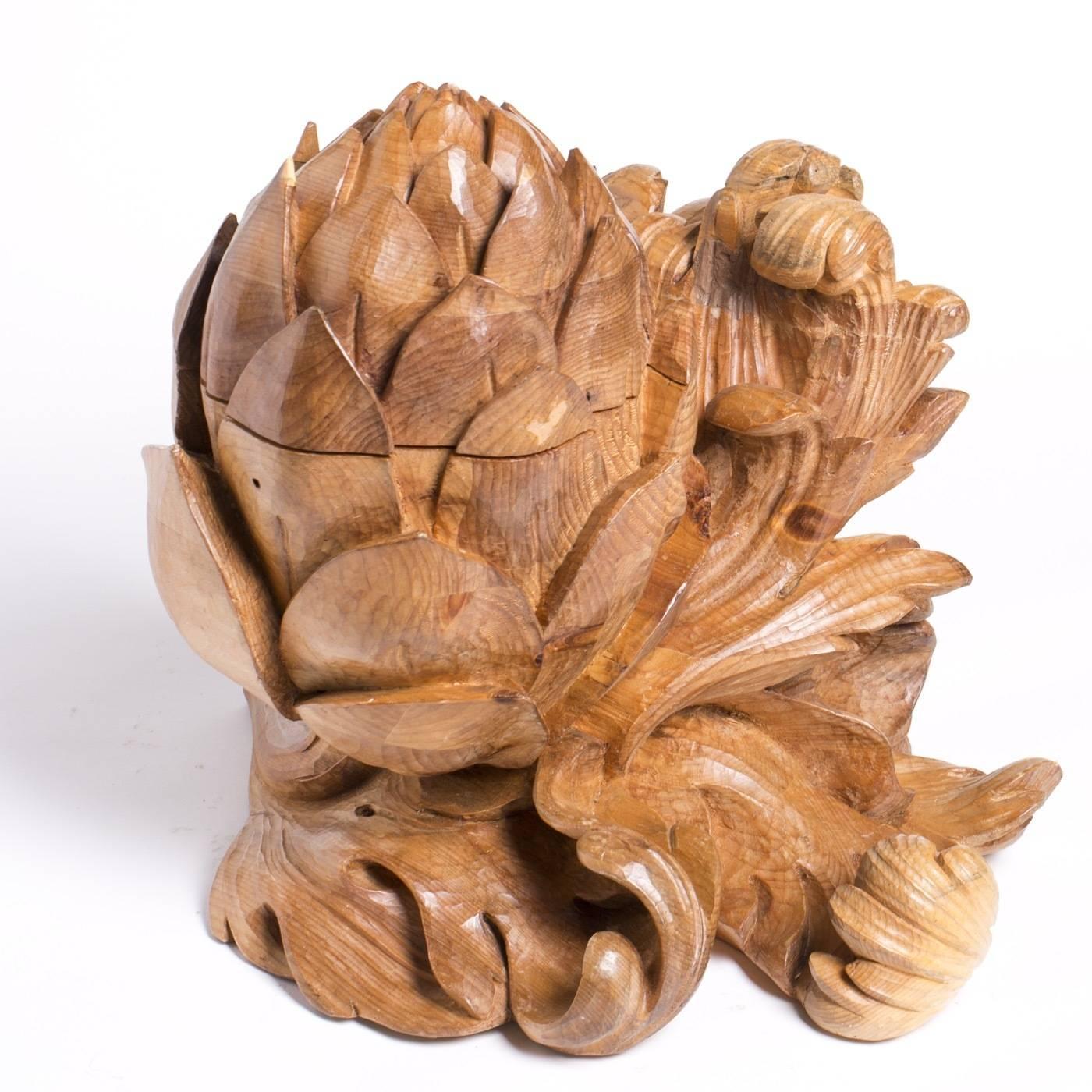 Ornamental ice bucket by Bartolozzi e Maioli in Austrian pinewood. The hand-carved acorn form is decorated with elegant detail in high relief. Originally designed in the 1970s for a private residence in Texas.