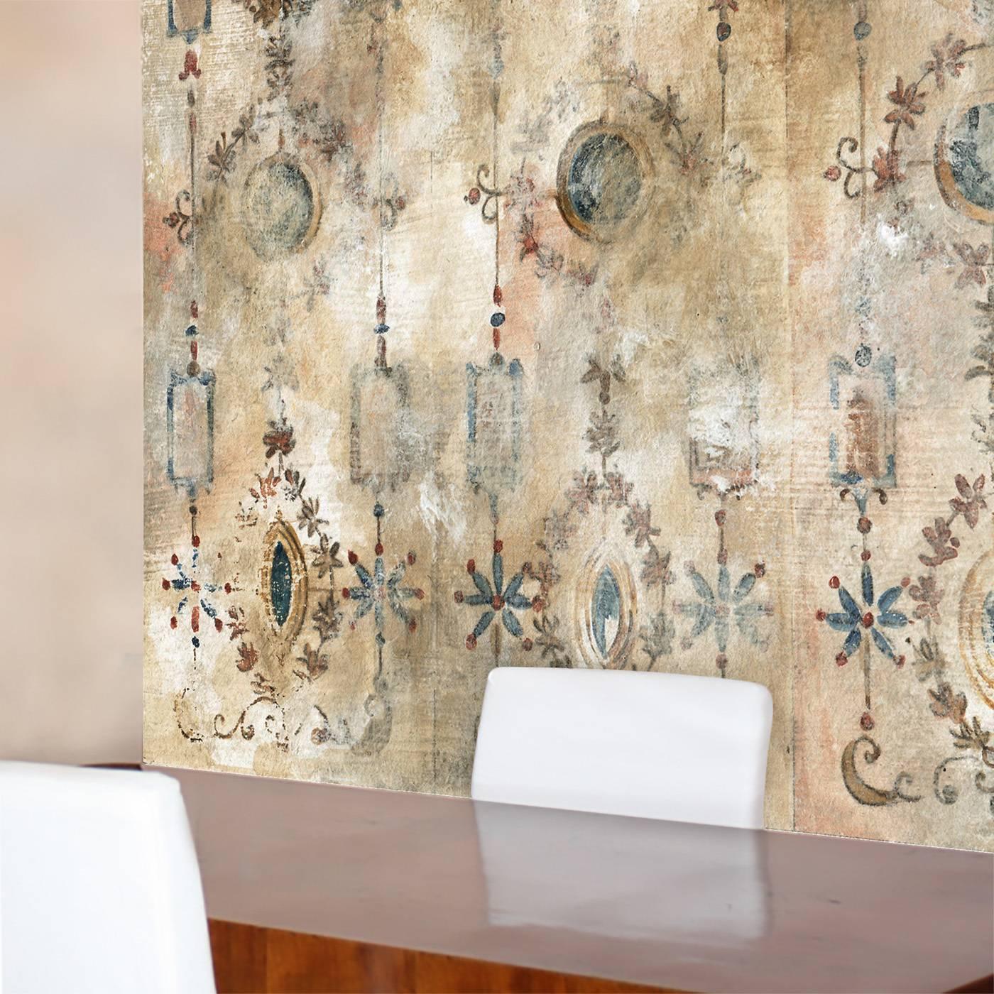 Inspired by the timeless and eclectic wall decorations found in the ancient Roman city of Pompeii, this exquisite wallpaper was entirely painted by hand on paper and is particularly striking when paired with a contemporary decor. The colors can be