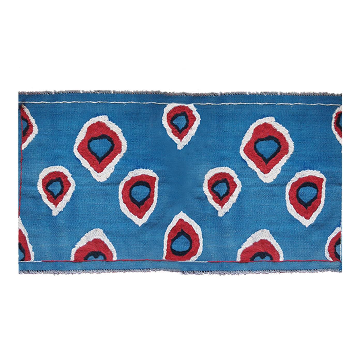 Hand Embroidered Ikat Kilim in Blue Red and White