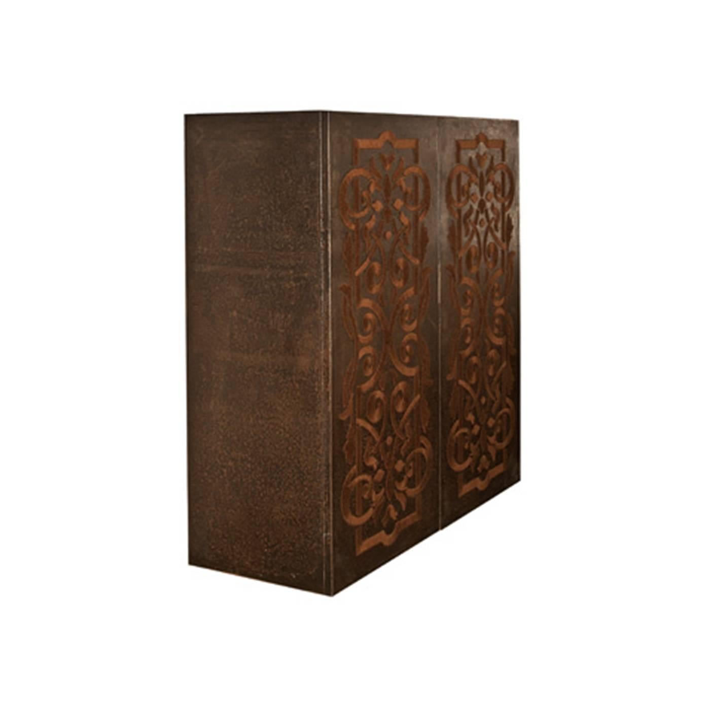 This extraordinary two-door cabinet features a Minimalist Silhouette, combined with a striking, one-of-a-kind decoration. This extraordinary two-door cabinet features a Minimalist Silhouette, combined with a striking, one-of-a-kind decoration. The