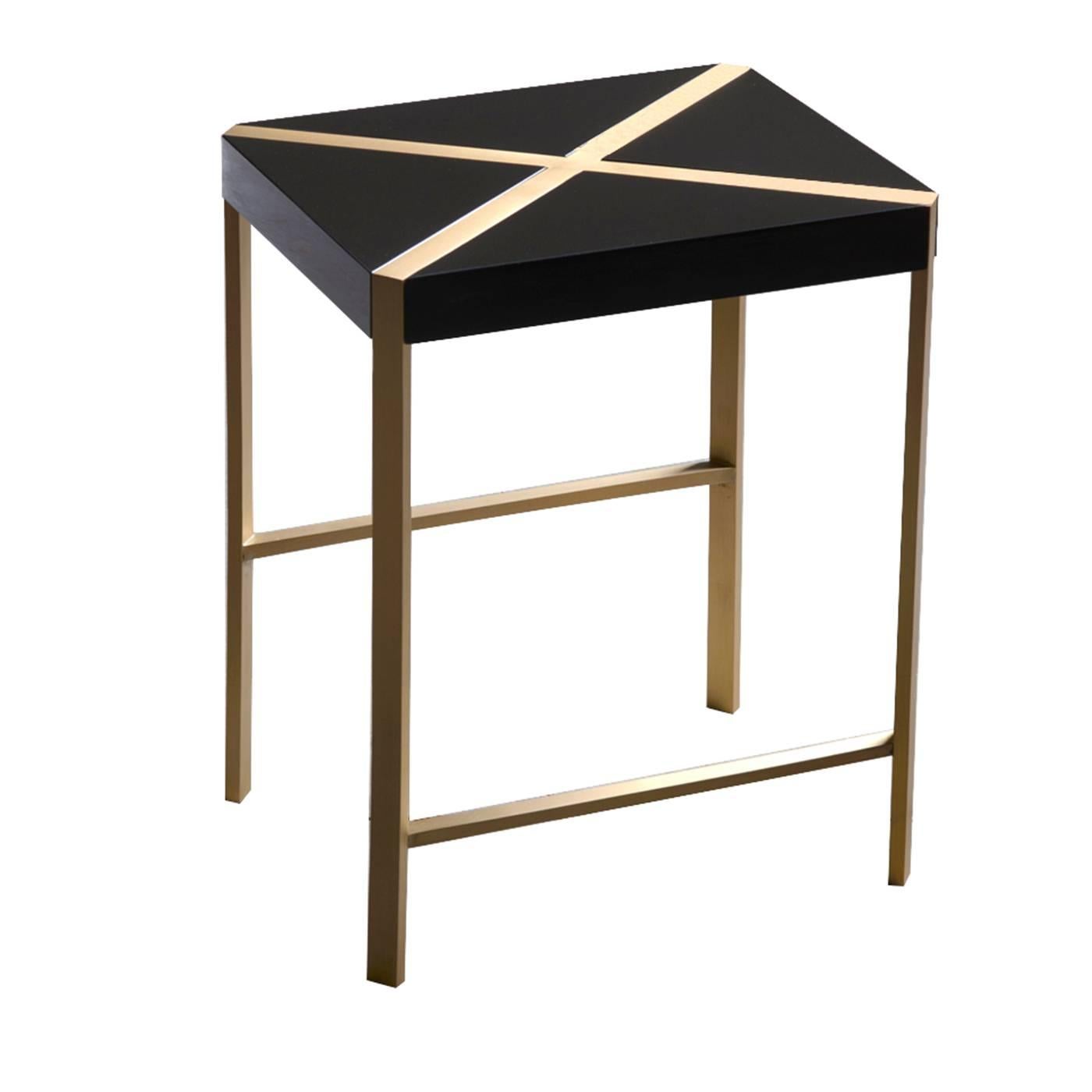 This striking stool can be used at a dining table and complements any of the pieces in the Metaphysics collection. Its legs are in brass and the wood top, decorated with a diagonal brass cross, is finished with a hand-applied premium resistant