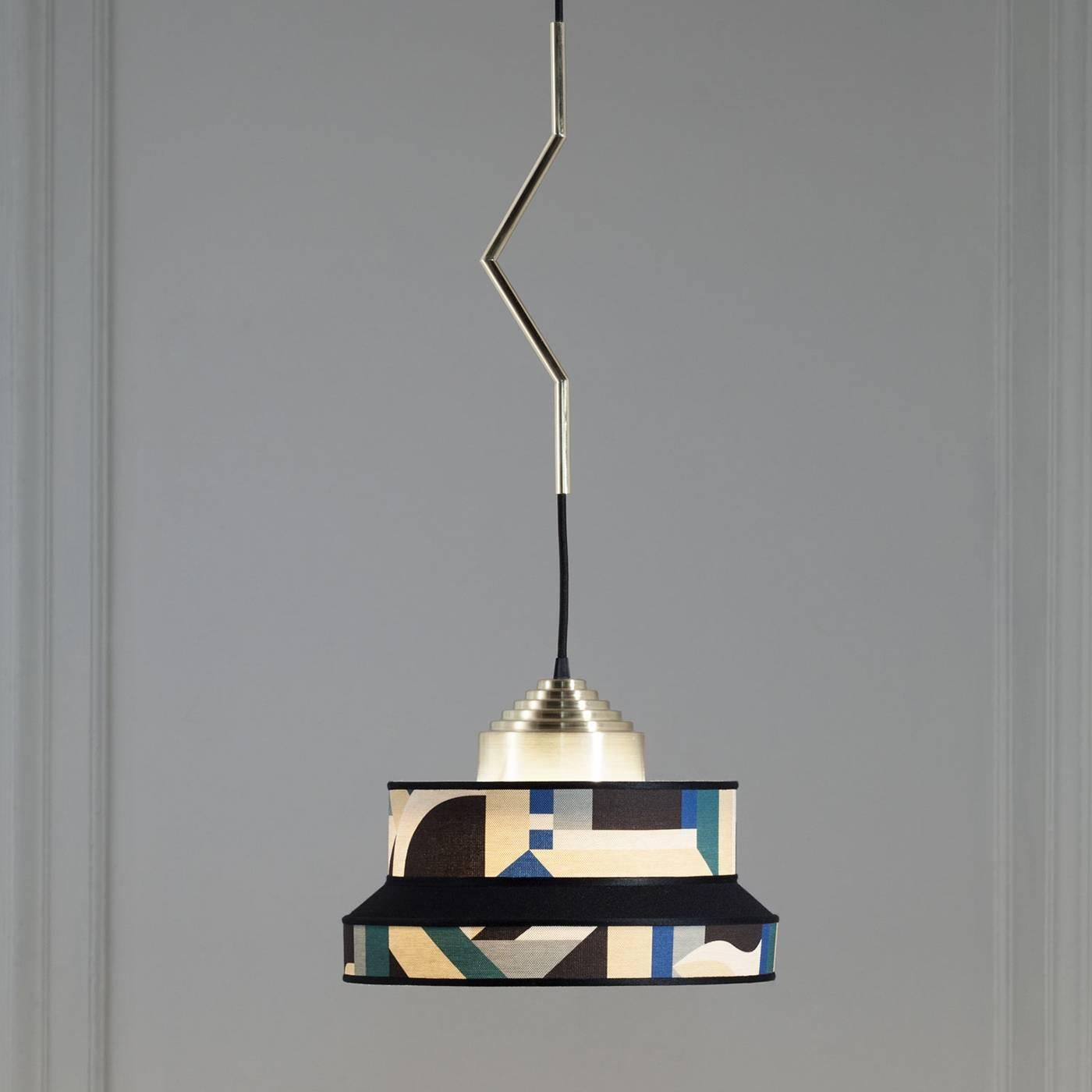 Inspired by the atmosphere of the Italian cafe in the 1930s, the tiered circular shade of this exclusive pendant lamp features a geometric print that evokes Depero's futuristic canvas painted with color nuances and geometric shapes (Perspective