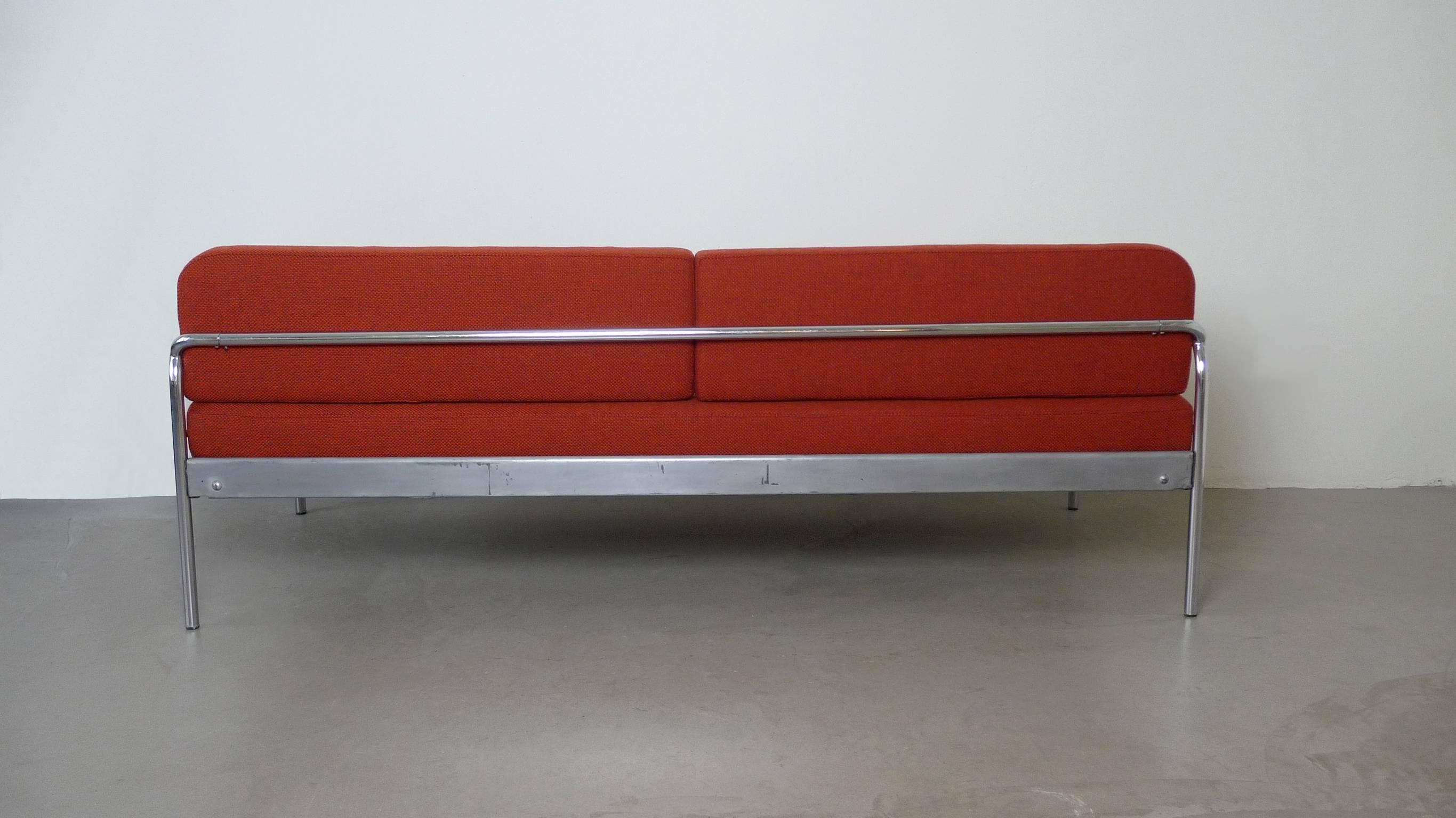 Fabric 1930s Bauhaus Steel Tube Sofa Bed by Mücke & Melder, Czechoslovakia