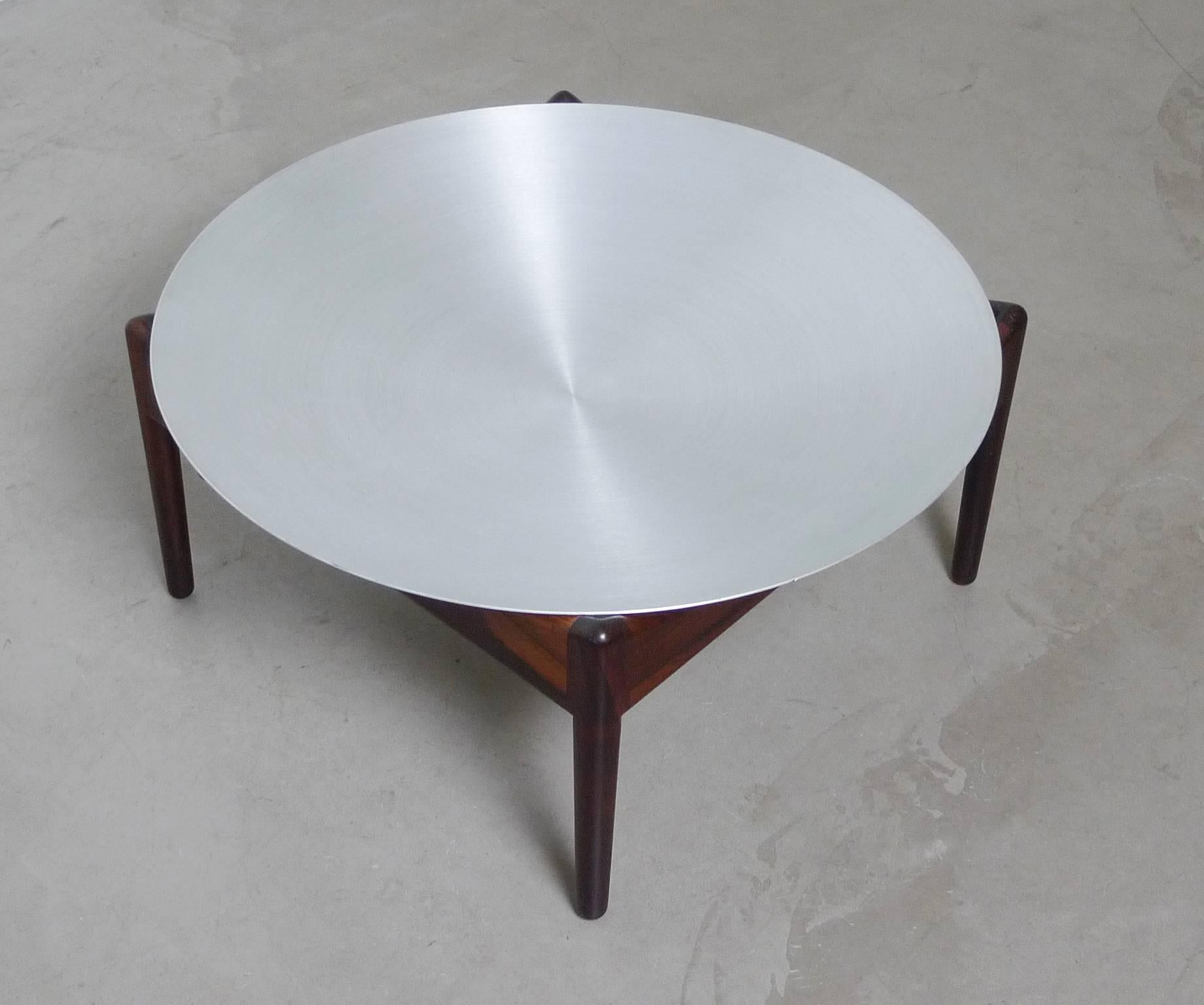 Brushed Kristian Solmer Vedel Fruit Bowl on Rosewood Stand, Denmark, 1960s For Sale