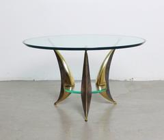 Sculptural Coffee Table with Massive Brass Feet and Two Glass Plates from Italy