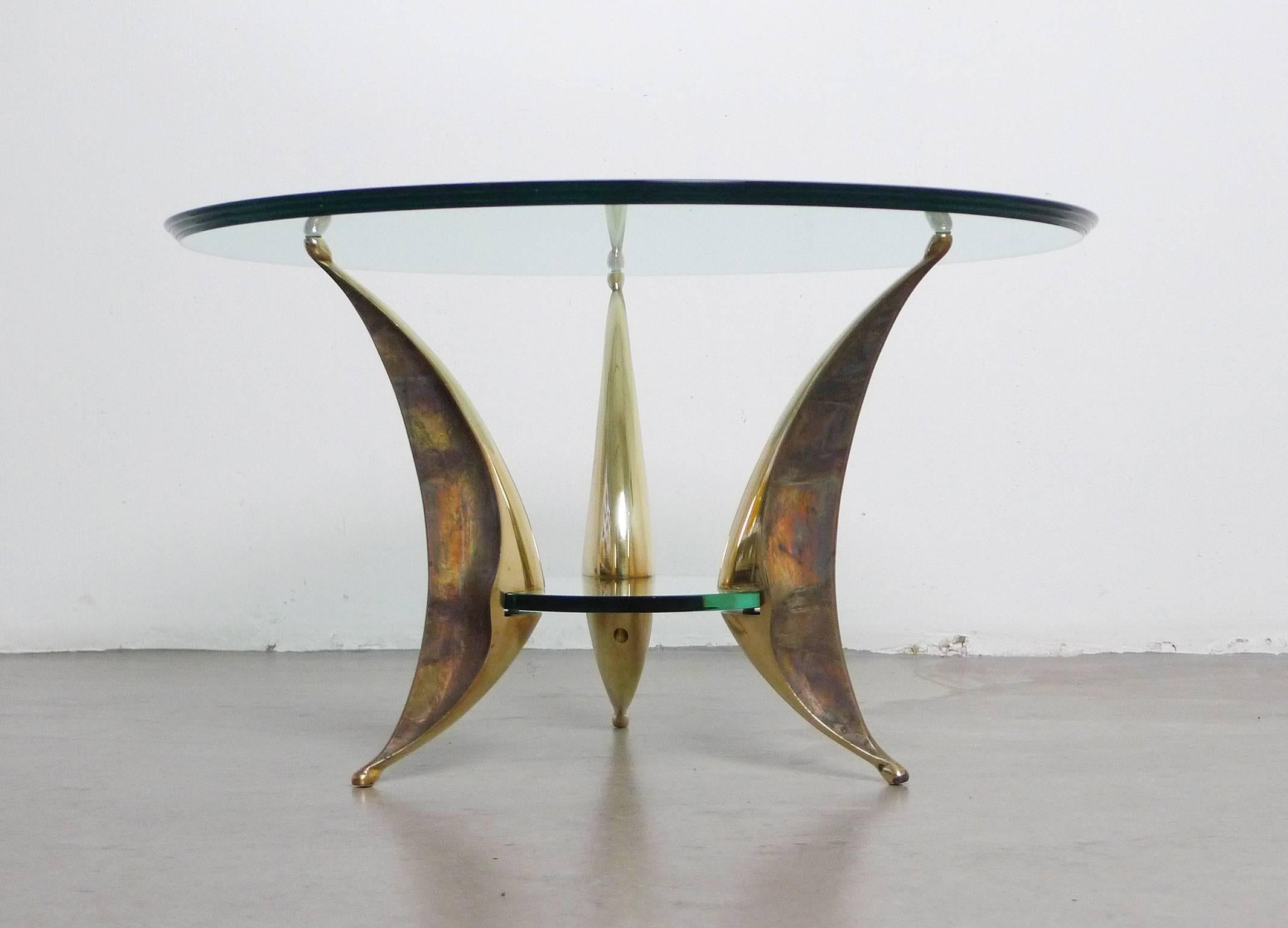 Italian Sculptural Coffee Table with Massive Brass Feet and Two Glass Plates from Italy For Sale