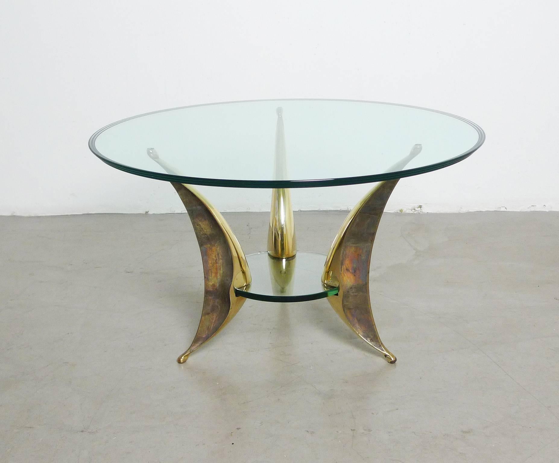 20th Century Sculptural Coffee Table with Massive Brass Feet and Two Glass Plates from Italy For Sale