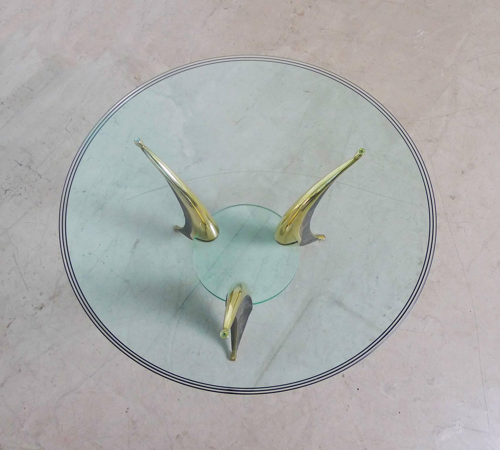 Sculptural Coffee Table with Massive Brass Feet and Two Glass Plates from Italy For Sale 1