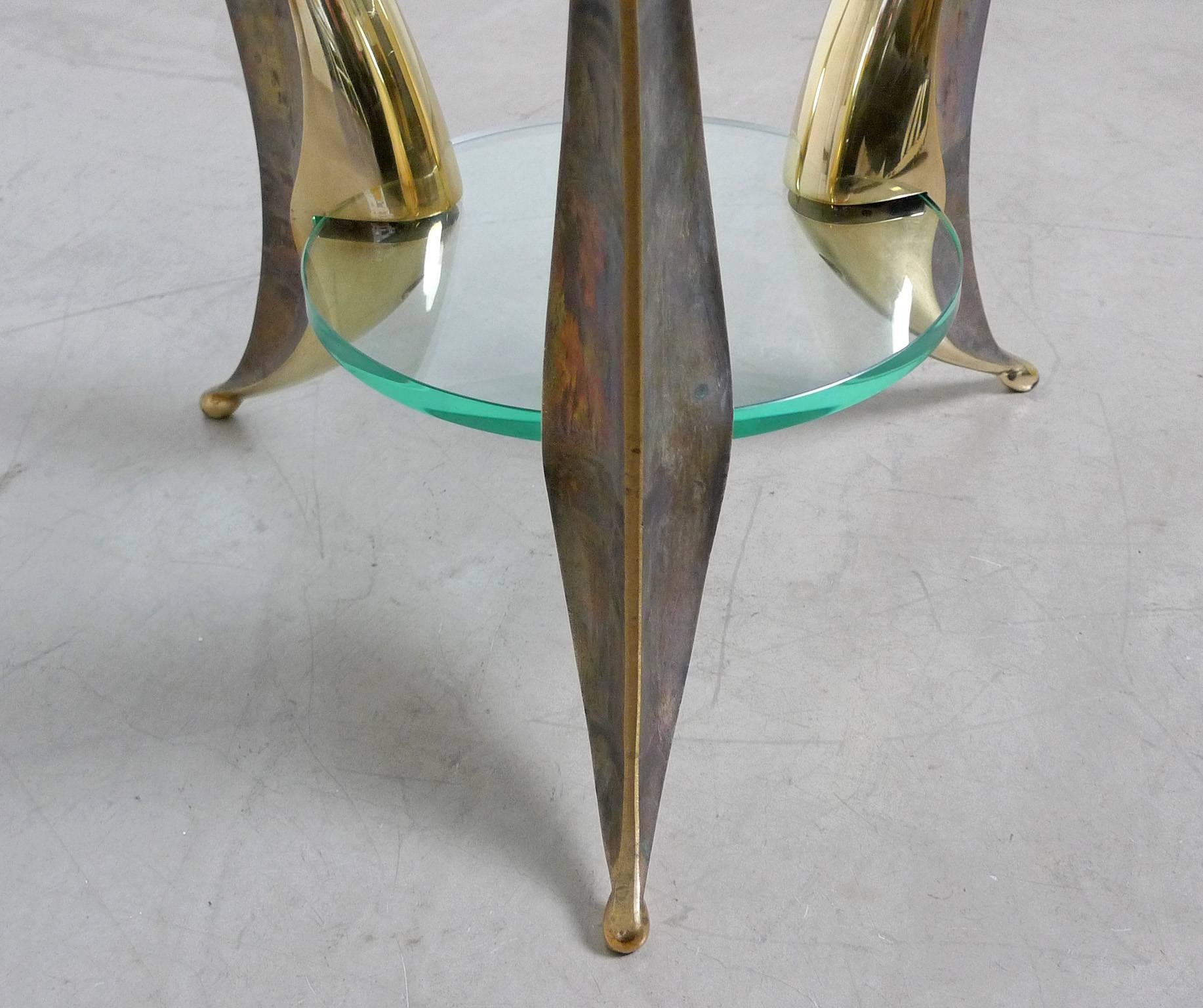 Sculptural Coffee Table with Massive Brass Feet and Two Glass Plates from Italy For Sale 3