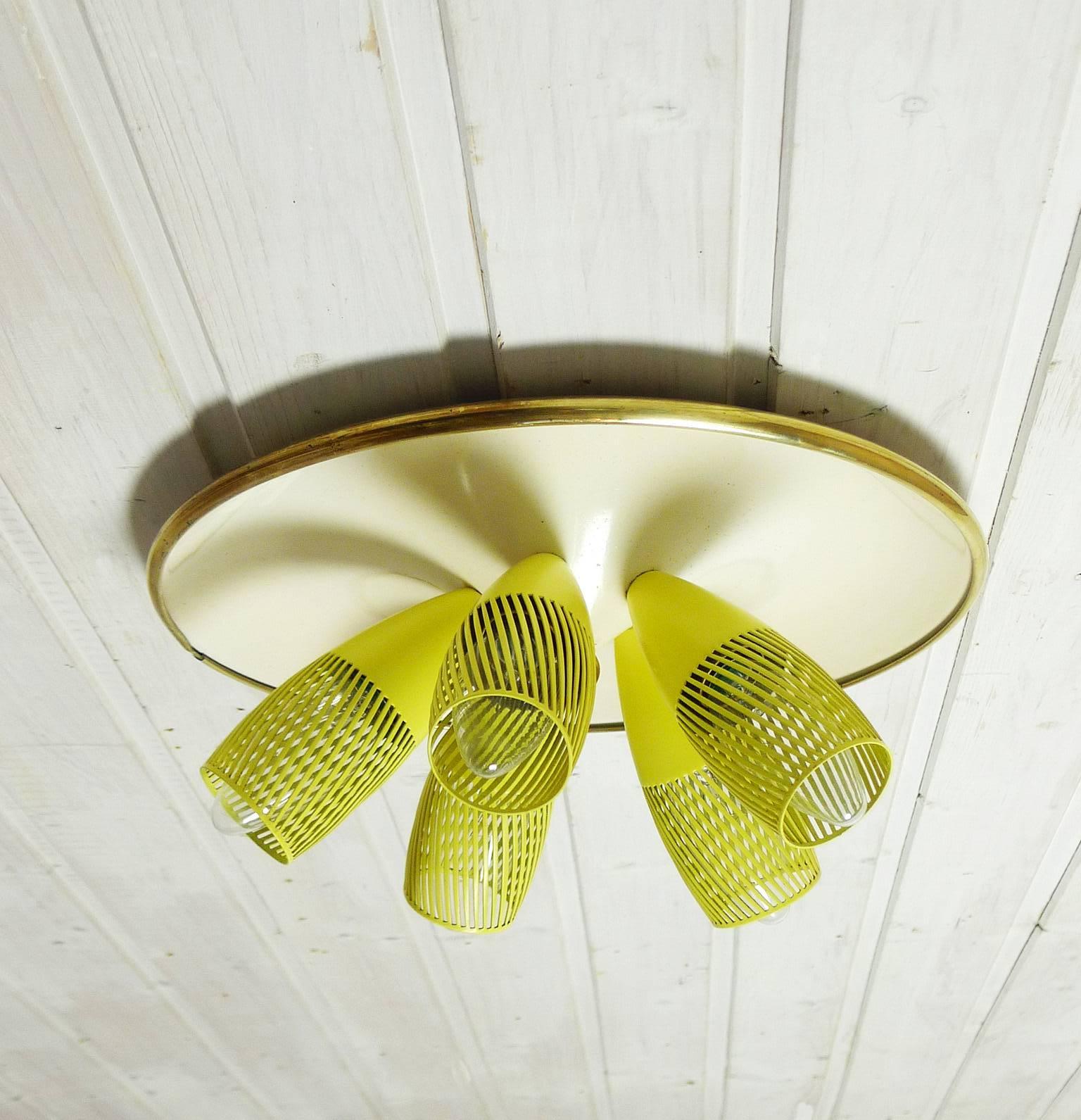 1950s Ceiling Lamp from Germany with Five Slotted Yellow Funnels on a Plate In Good Condition In Berlin, DE