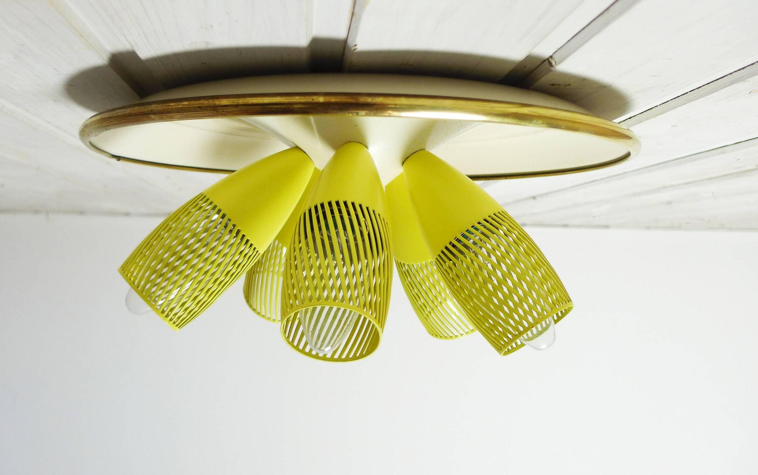 19th Century 1950s Ceiling Lamp from Germany with Five Slotted Yellow Funnels on a Plate