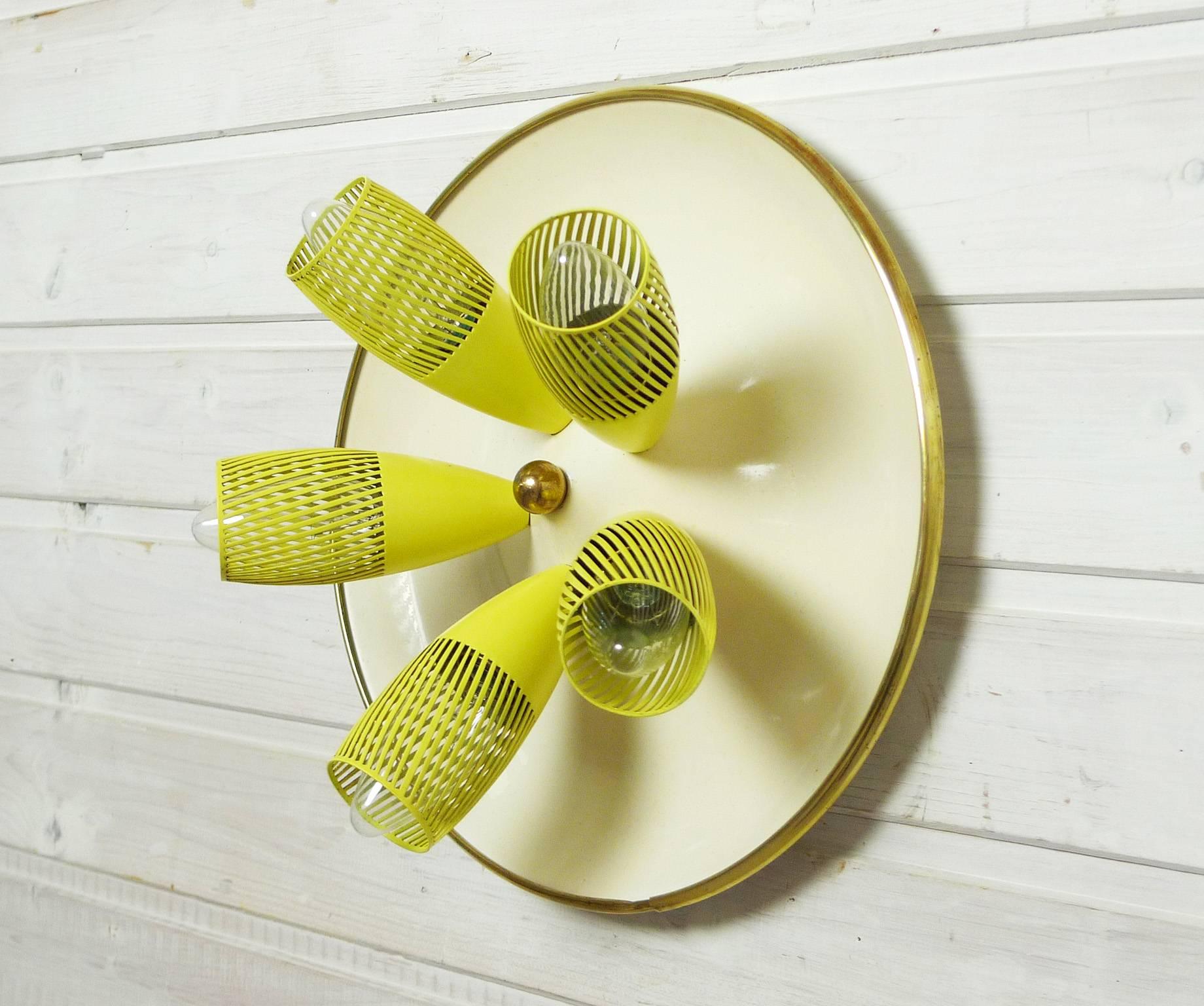 Mid-Century Modern 1950s Ceiling Lamp from Germany with Five Slotted Yellow Funnels on a Plate