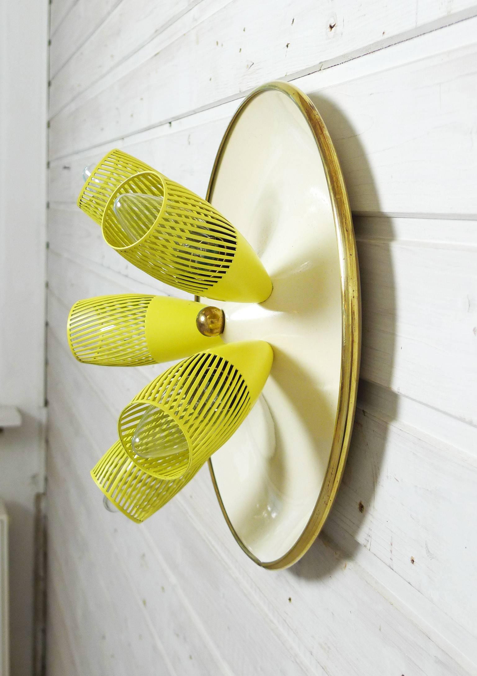Lacquered 1950s Ceiling Lamp from Germany with Five Slotted Yellow Funnels on a Plate