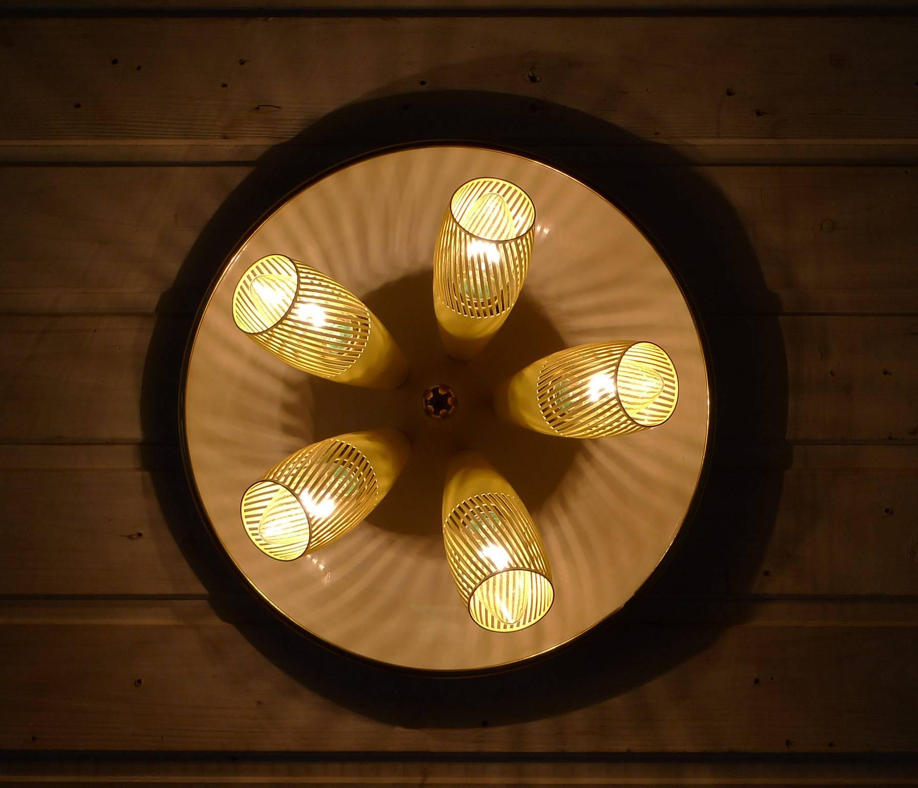 Brass 1950s Ceiling Lamp from Germany with Five Slotted Yellow Funnels on a Plate
