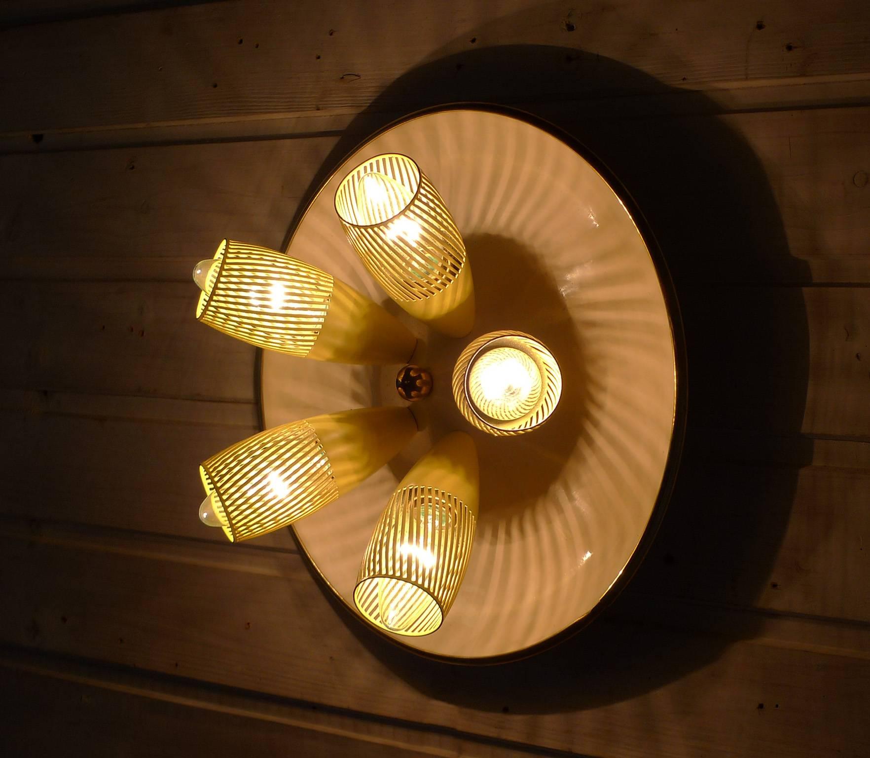 1950s Ceiling Lamp from Germany with Five Slotted Yellow Funnels on a Plate 1