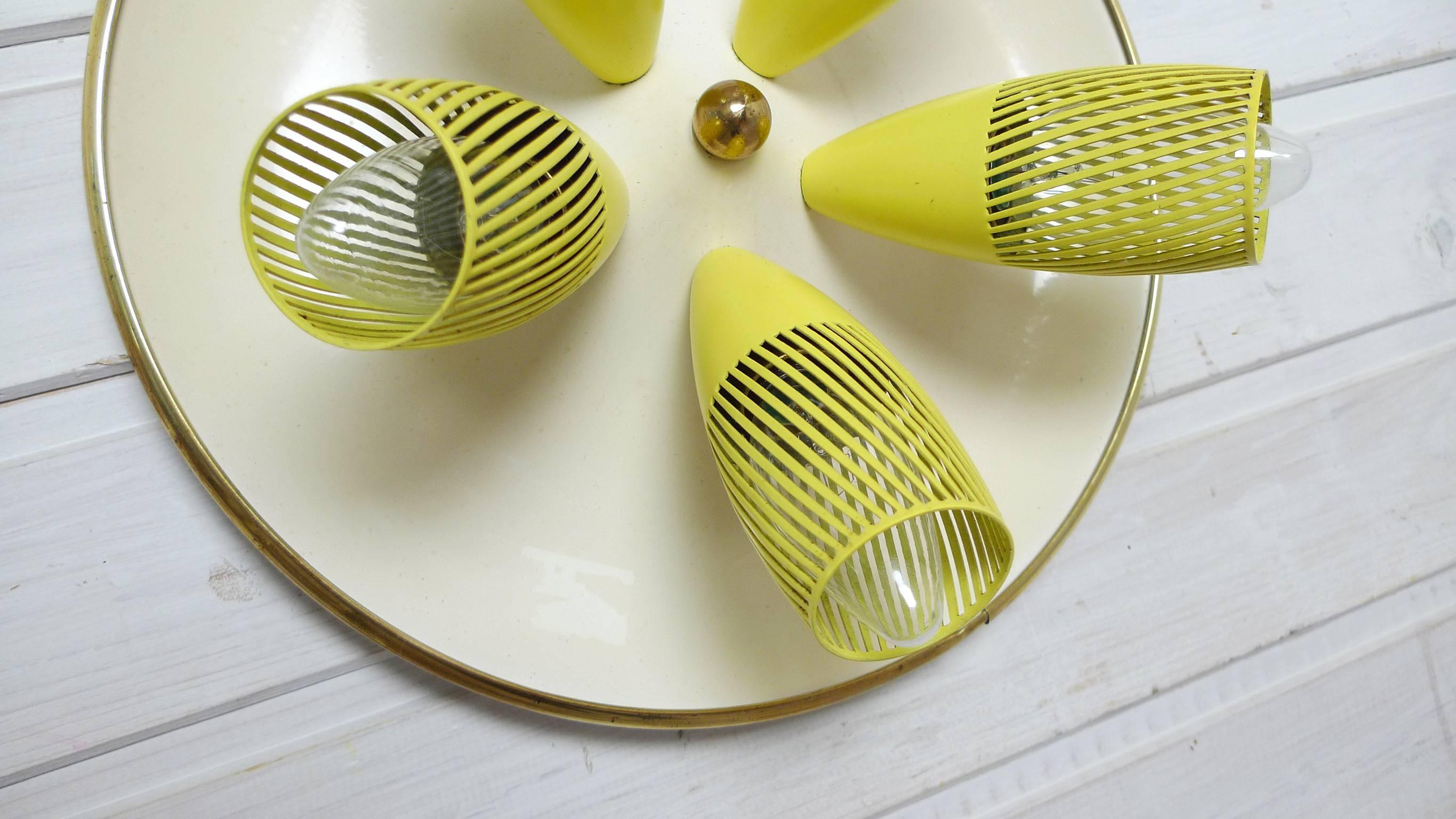 1950s Ceiling Lamp from Germany with Five Slotted Yellow Funnels on a Plate 2