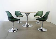 Chromed Tulip Dining Set with Green Marble Plate and Seat Shells, France, 1970s