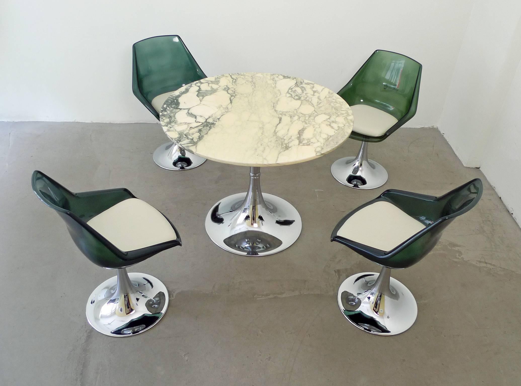 Mid-Century Modern Chromed Tulip Dining Set with Green Marble Plate and Seat Shells, France, 1970s