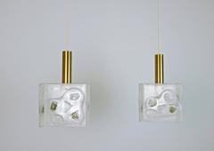 Pair of 1960s Pendant Lamps with Structured Glass and Brass Cylinder, Germany