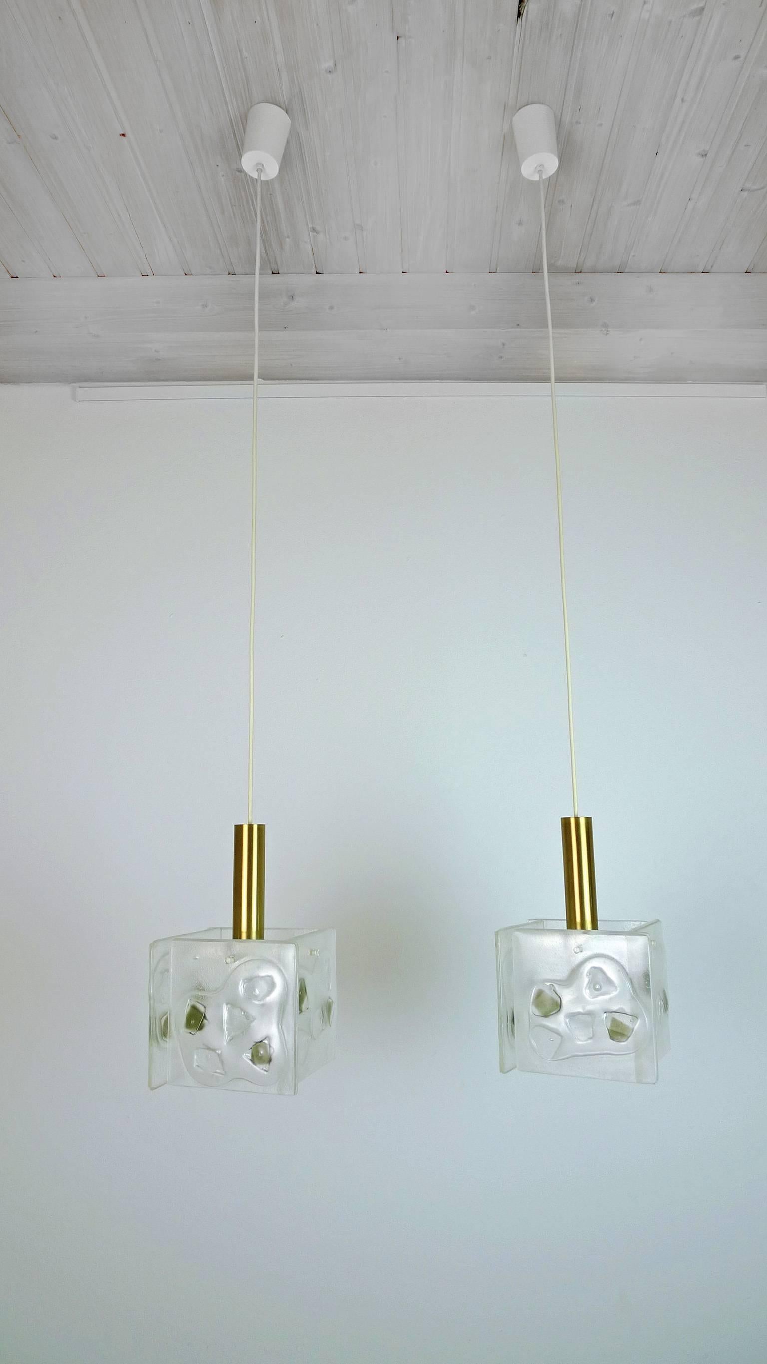 Pair of 1960s Pendant Lamps with Structured Glass and Brass Cylinder, Germany For Sale 1