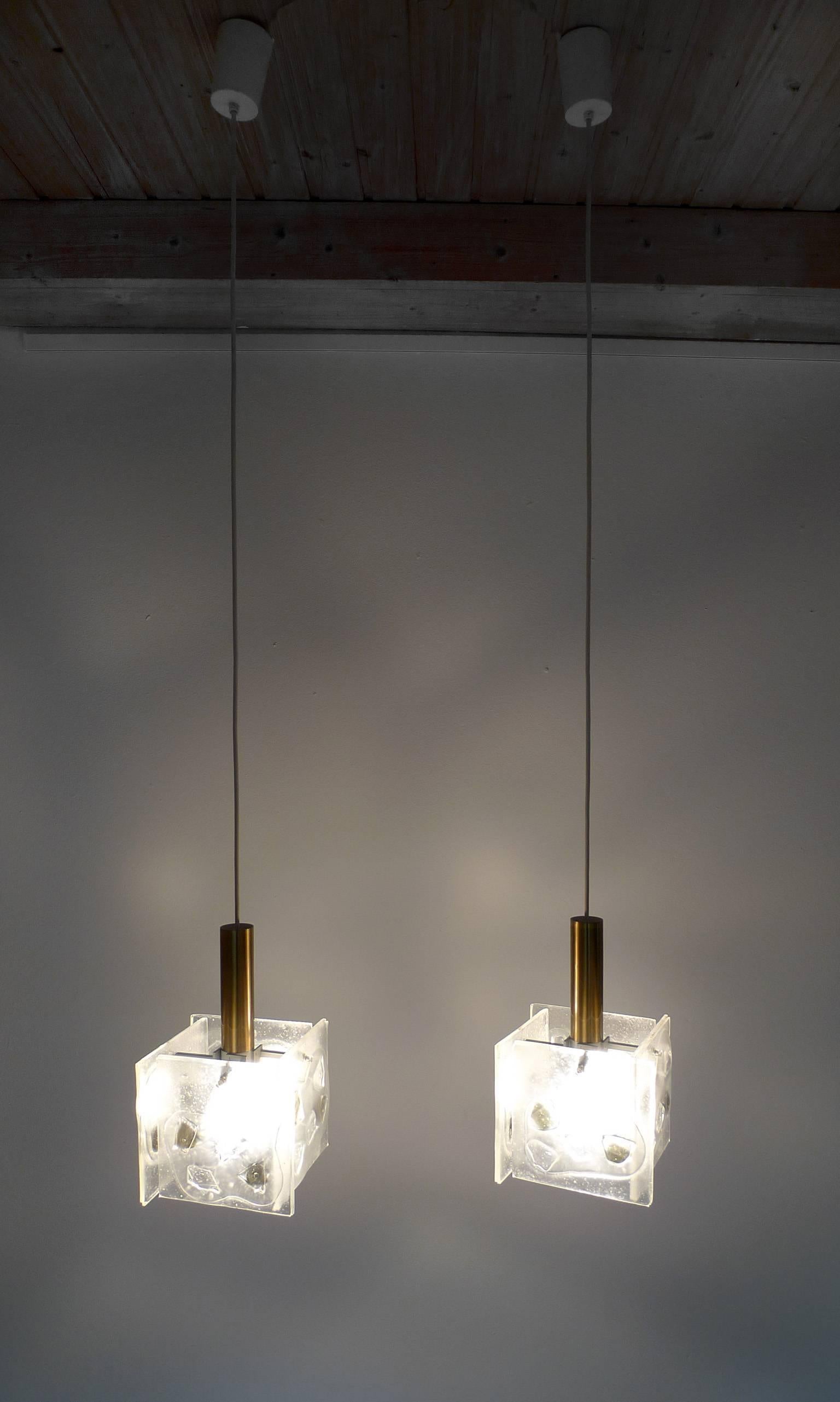 Pair of 1960s Pendant Lamps with Structured Glass and Brass Cylinder, Germany For Sale 2