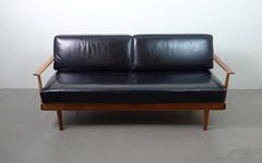 Walter Knoll Teak Sofa Bed with Black Leather Cushions, Germany, 1950s