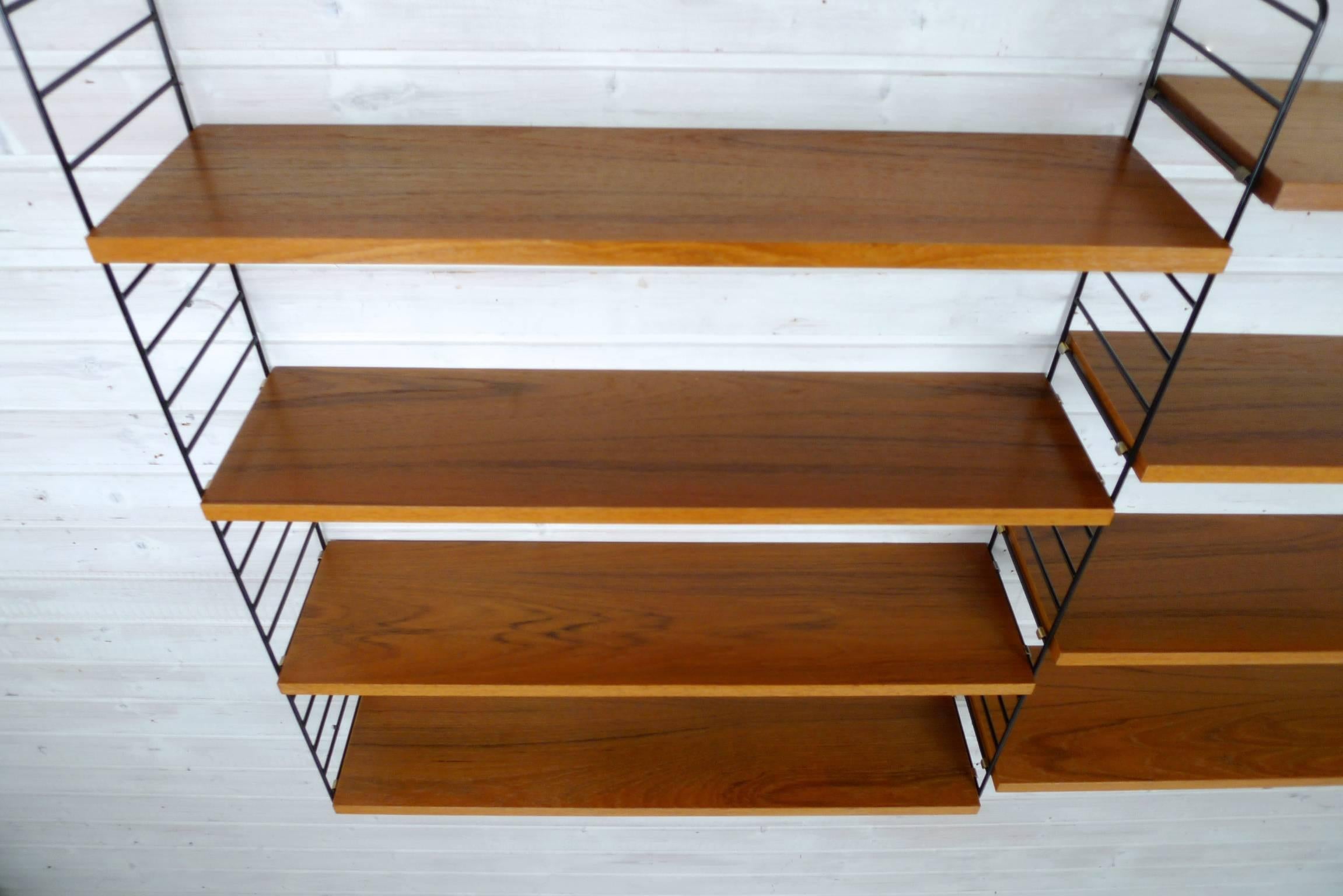 Metal Swedish Wall Unit with Eight Teak Shelves by Nisse Strinning for String, 1950s
