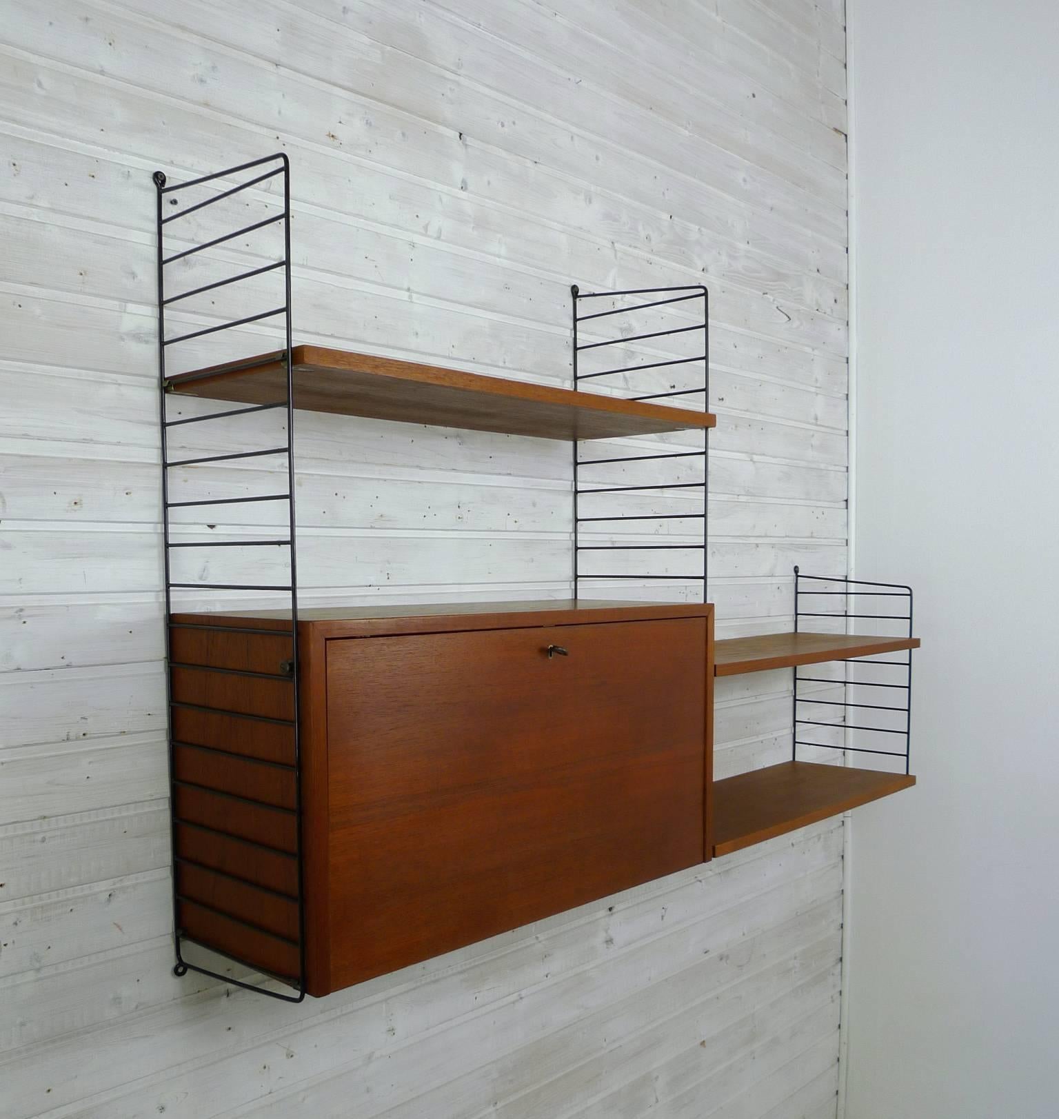 Scandinavian Modern Swedish Wall Unit with Teak Box and Shelves by Nisse Strinning for String, 1950s For Sale