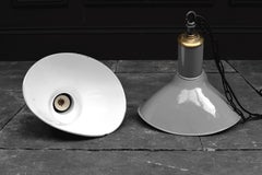 1950s Benjamin Grey Elliptical Industrial Lamps with Brass Top & Original Label